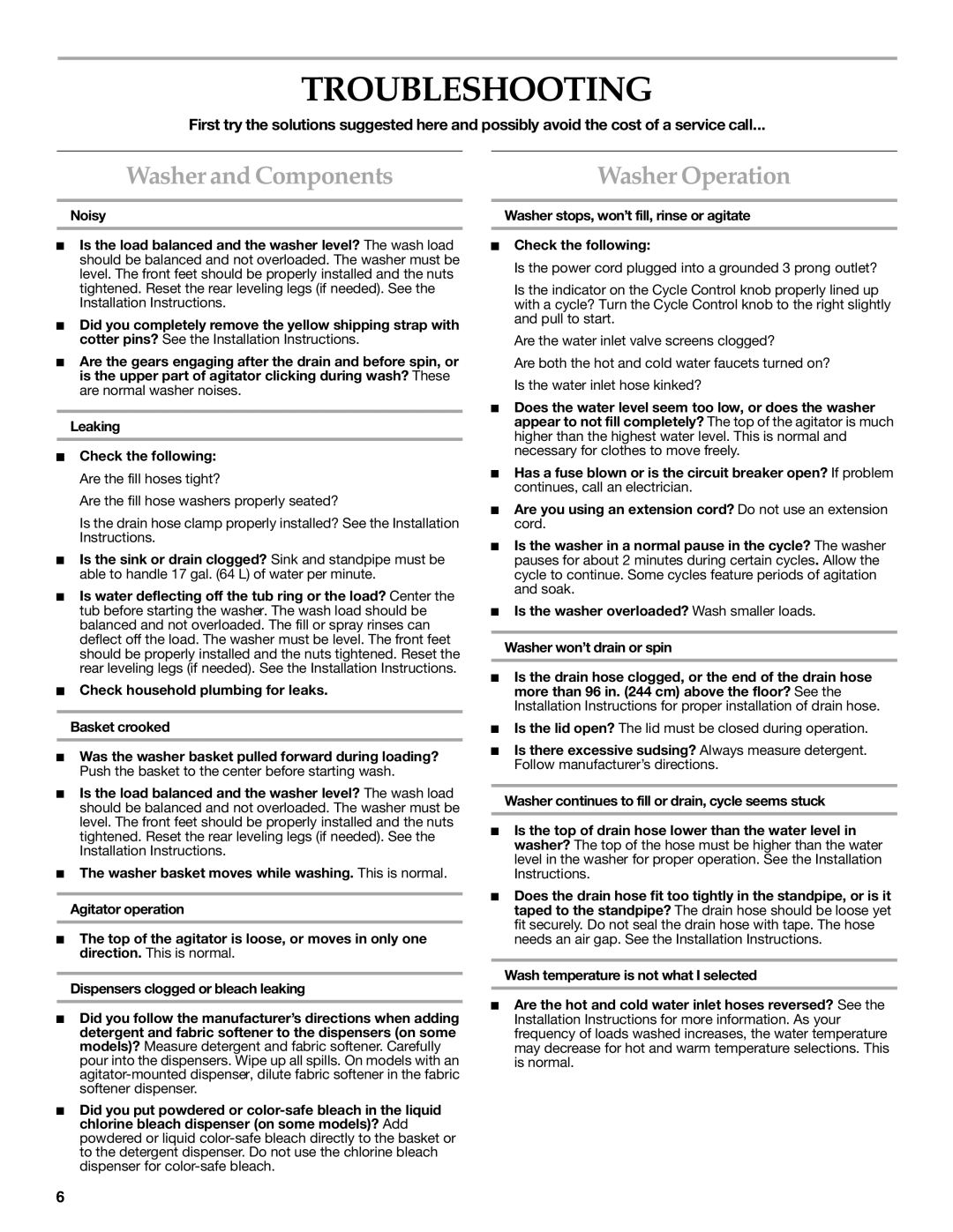 KitchenAid 3955871 manual Troubleshooting, Washer and Components, Washer Operation 