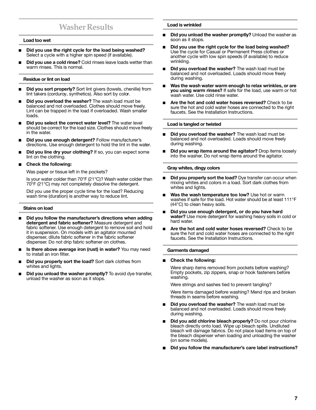 KitchenAid 3955871 manual Washer Results, Residue or lint on load 