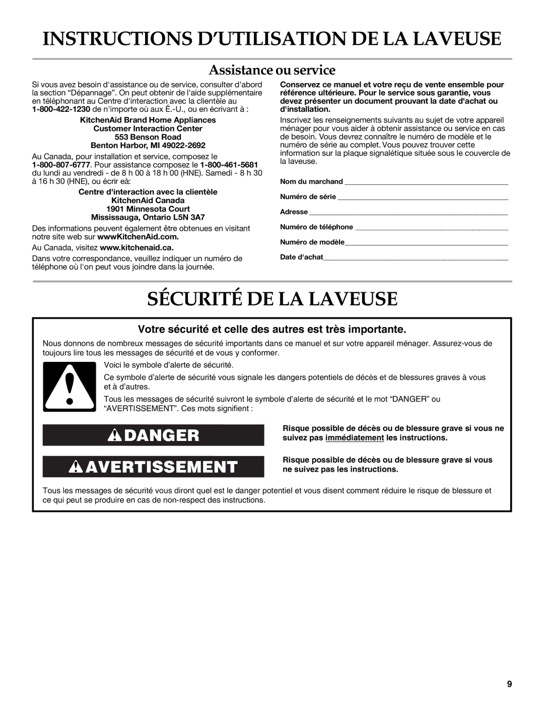 KitchenAid 3955871 manual Instructions D’UTILISATION DE LA Laveuse, Sécurité DE LA Laveuse 