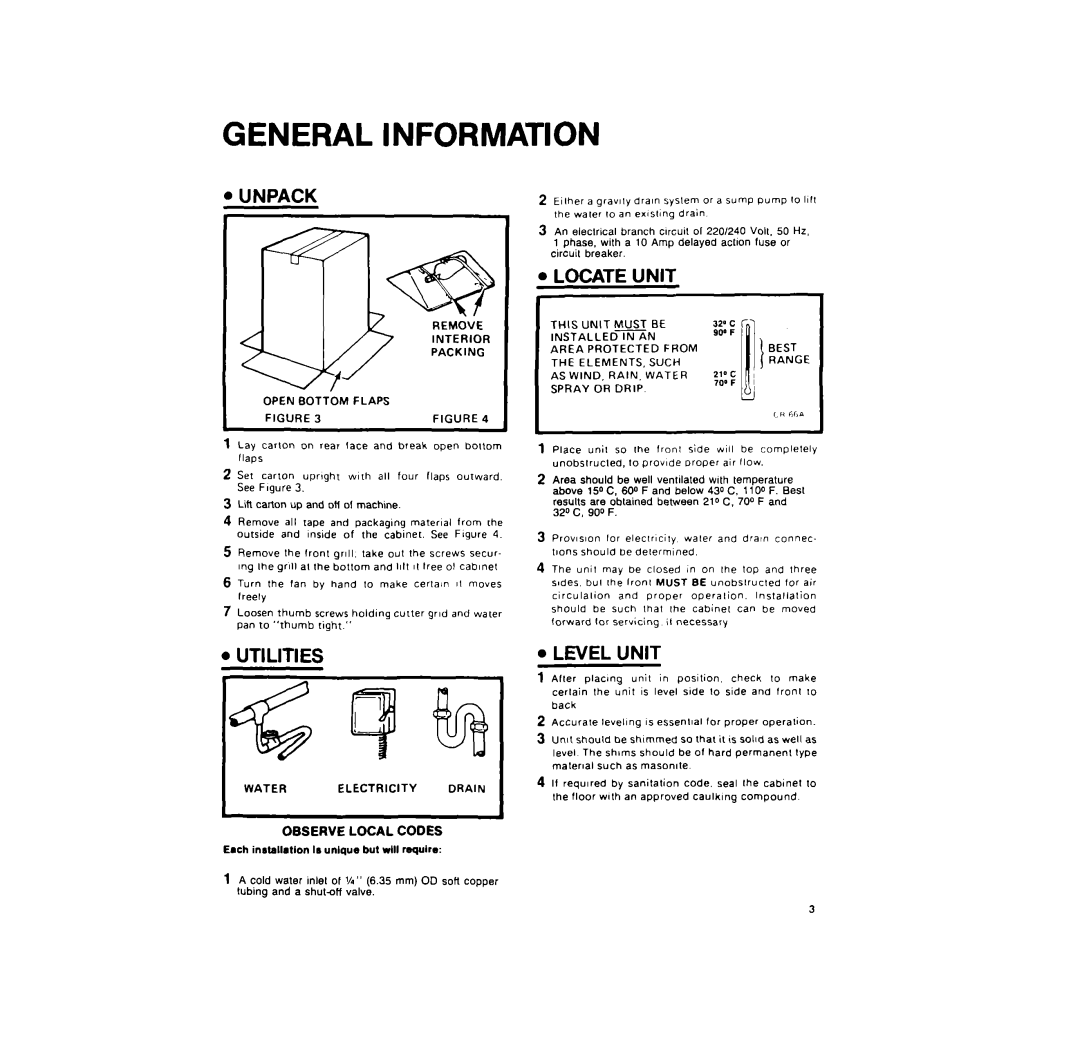 KitchenAid 3KUIS185V installation instructions Unpack, Utilities, Interior Open Bottom Flaps, Water, Drain 