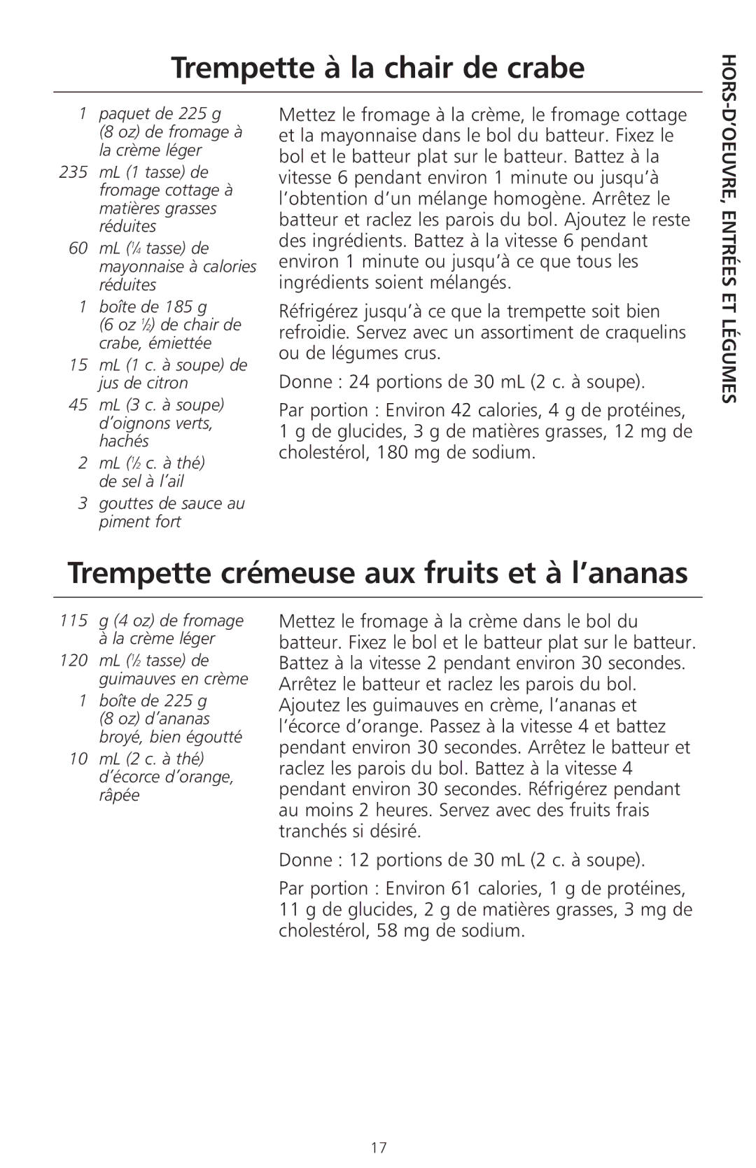 KitchenAid 400 Trempette à la chair de crabe, Trempette crémeuse aux fruits et à l’ananas, ’OEUVRE, Entrées ET Légumes 