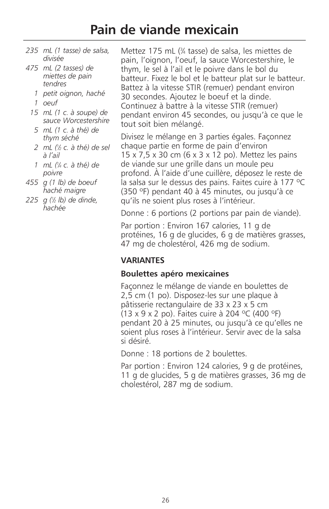 KitchenAid 400 manual Pain de viande mexicain, Boulettes apéro mexicaines, 225 g 1⁄2 lb de dinde, hachée 