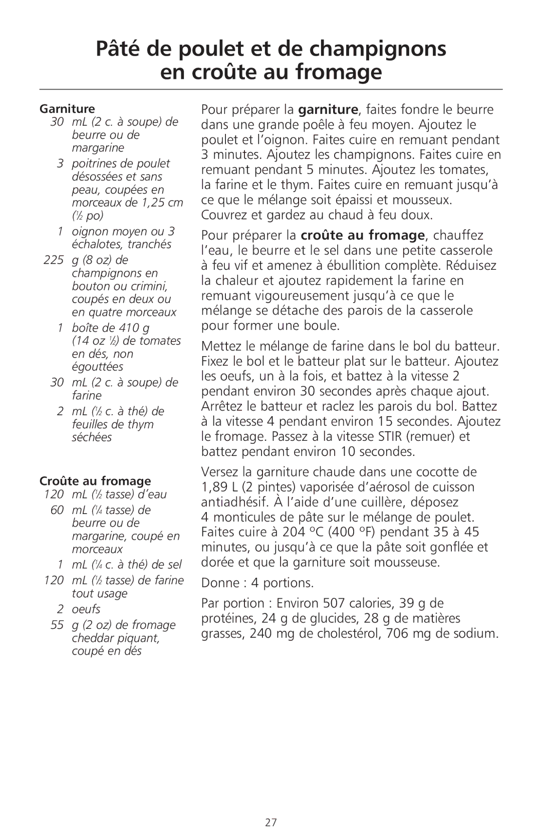 KitchenAid 400 manual Pâté de poulet et de champignons En croûte au fromage, Garniture 