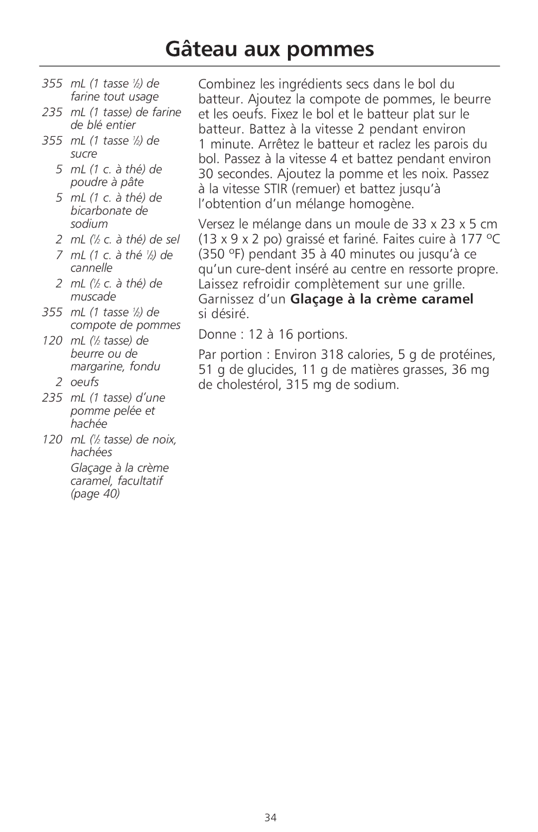 KitchenAid 400 manual Gâteau aux pommes 