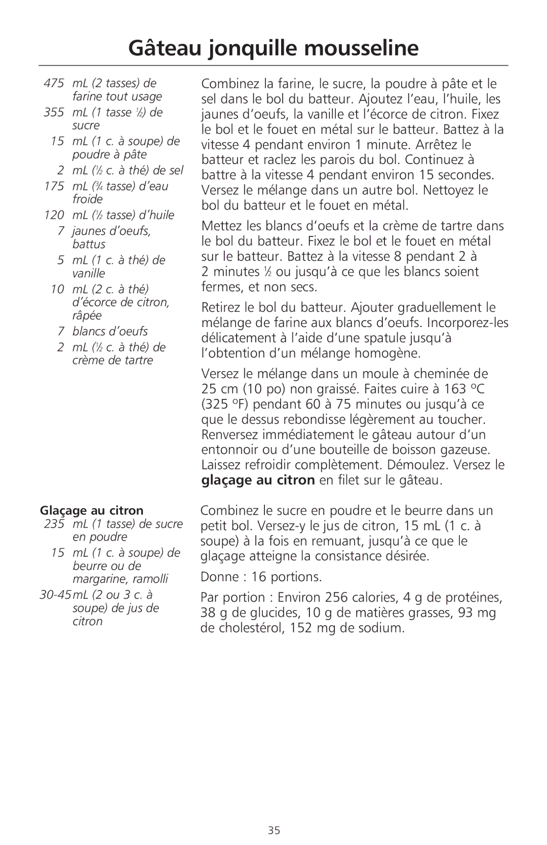 KitchenAid 400 manual Gâteau jonquille mousseline, Glaçage au citron 