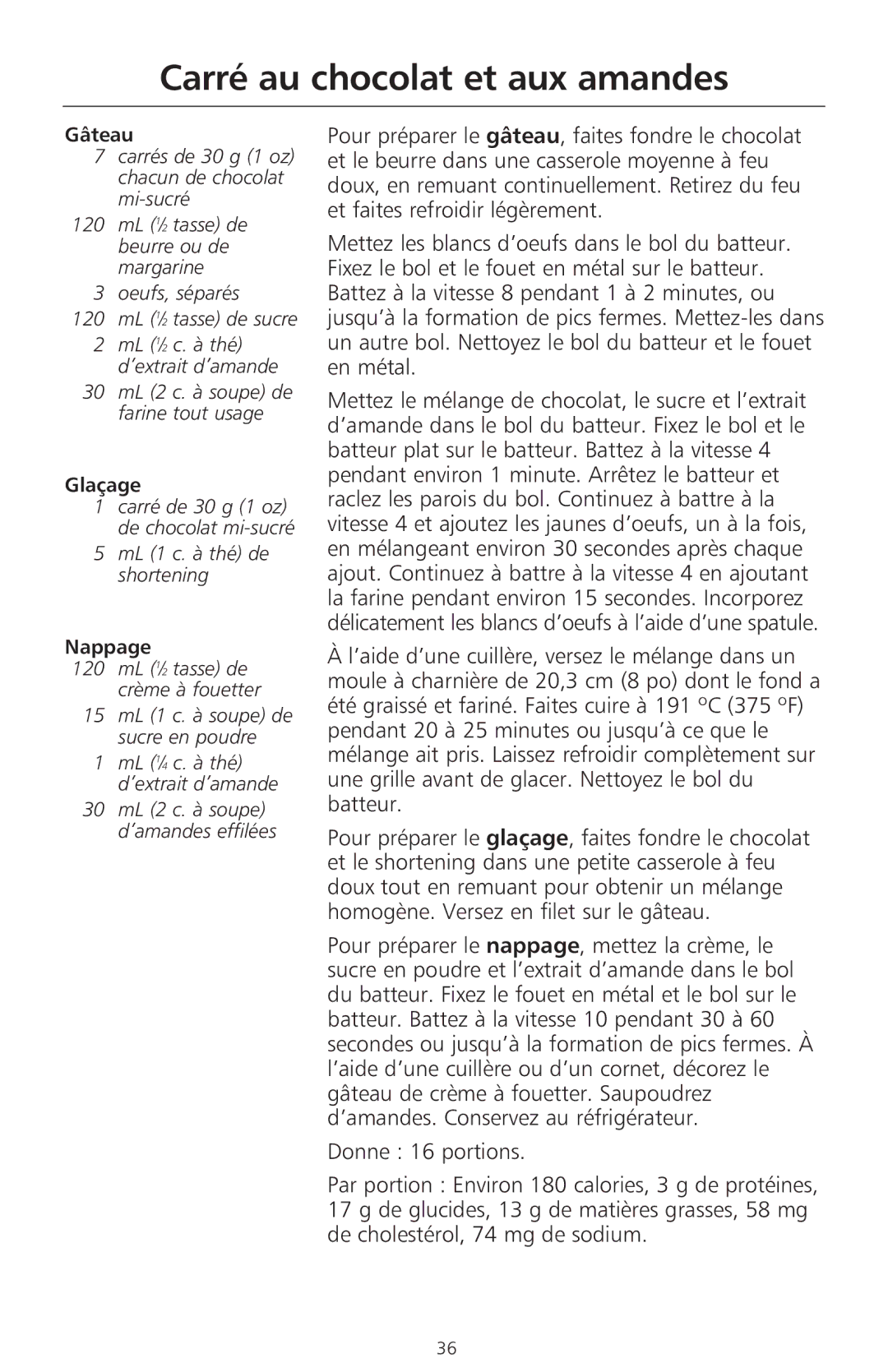 KitchenAid 400 manual Carré au chocolat et aux amandes, Glaçage, ML 1 c. à thé de shortening 