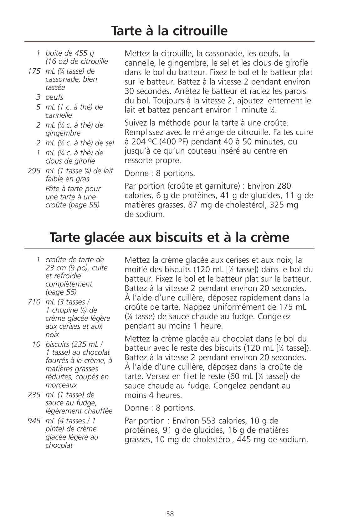 KitchenAid 400 Tarte à la citrouille, Tarte glacée aux biscuits et à la crème, 295 mL 1 tasse 1⁄4 de lait faible en gras 