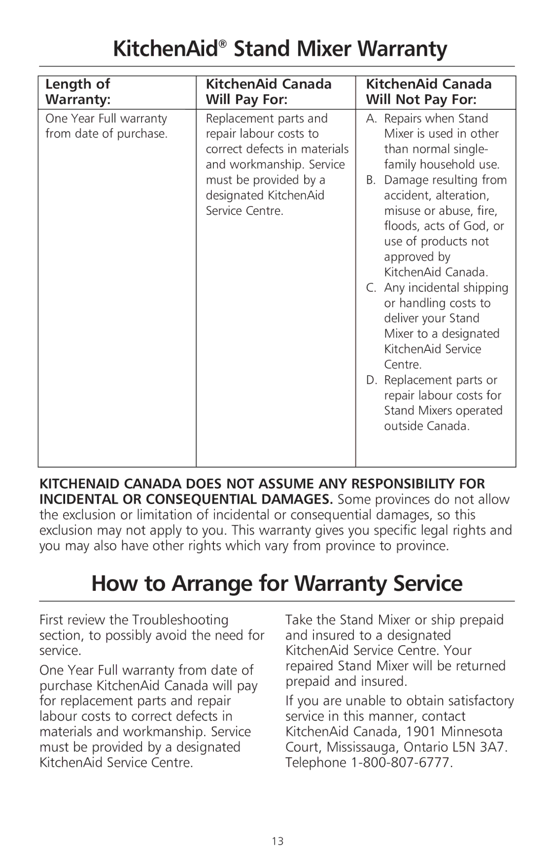 KitchenAid 400 manual KitchenAid Stand Mixer Warranty, How to Arrange for Warranty Service, Length Warranty 