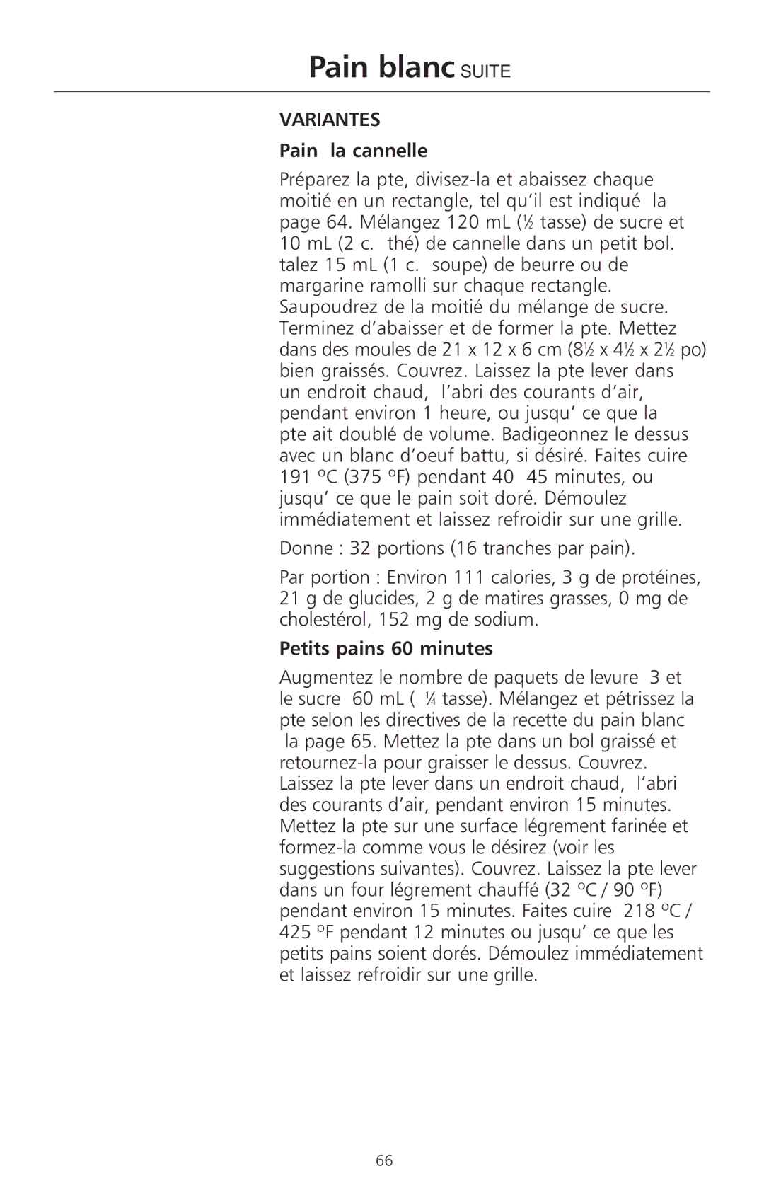 KitchenAid 400 manual Pain blanc Suite, Pain à la cannelle, Petits pains 60 minutes 