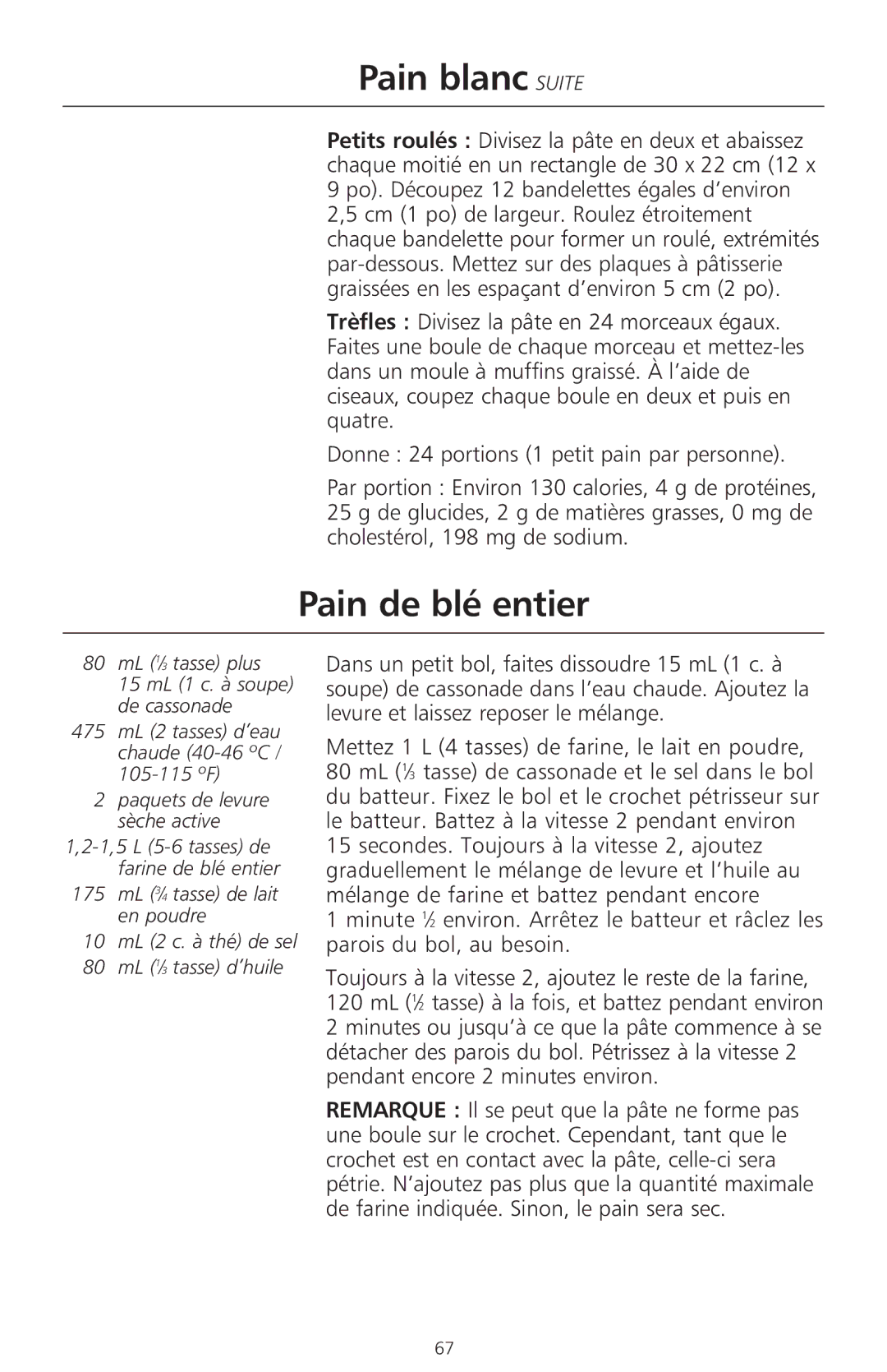 KitchenAid 400 manual Pain de blé entier, 80 mL 1⁄3 tasse plus 