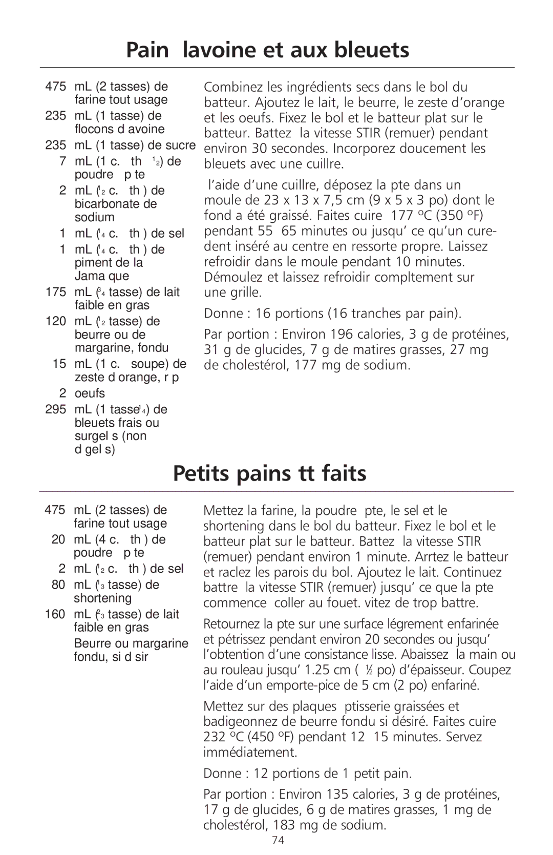 KitchenAid 400 manual Pain à l’avoine et aux bleuets, Petits pains tôt faits 