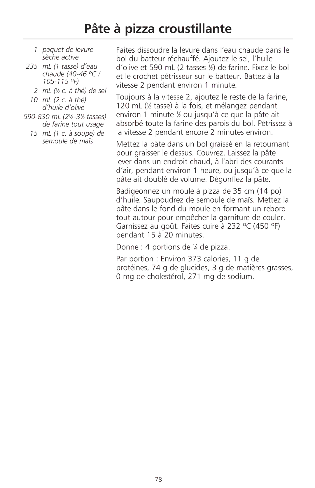 KitchenAid 400 manual Pâte à pizza croustillante, ML 1⁄2 c. à thé de sel 10 mL 2 c. à thé d’huile d’olive 