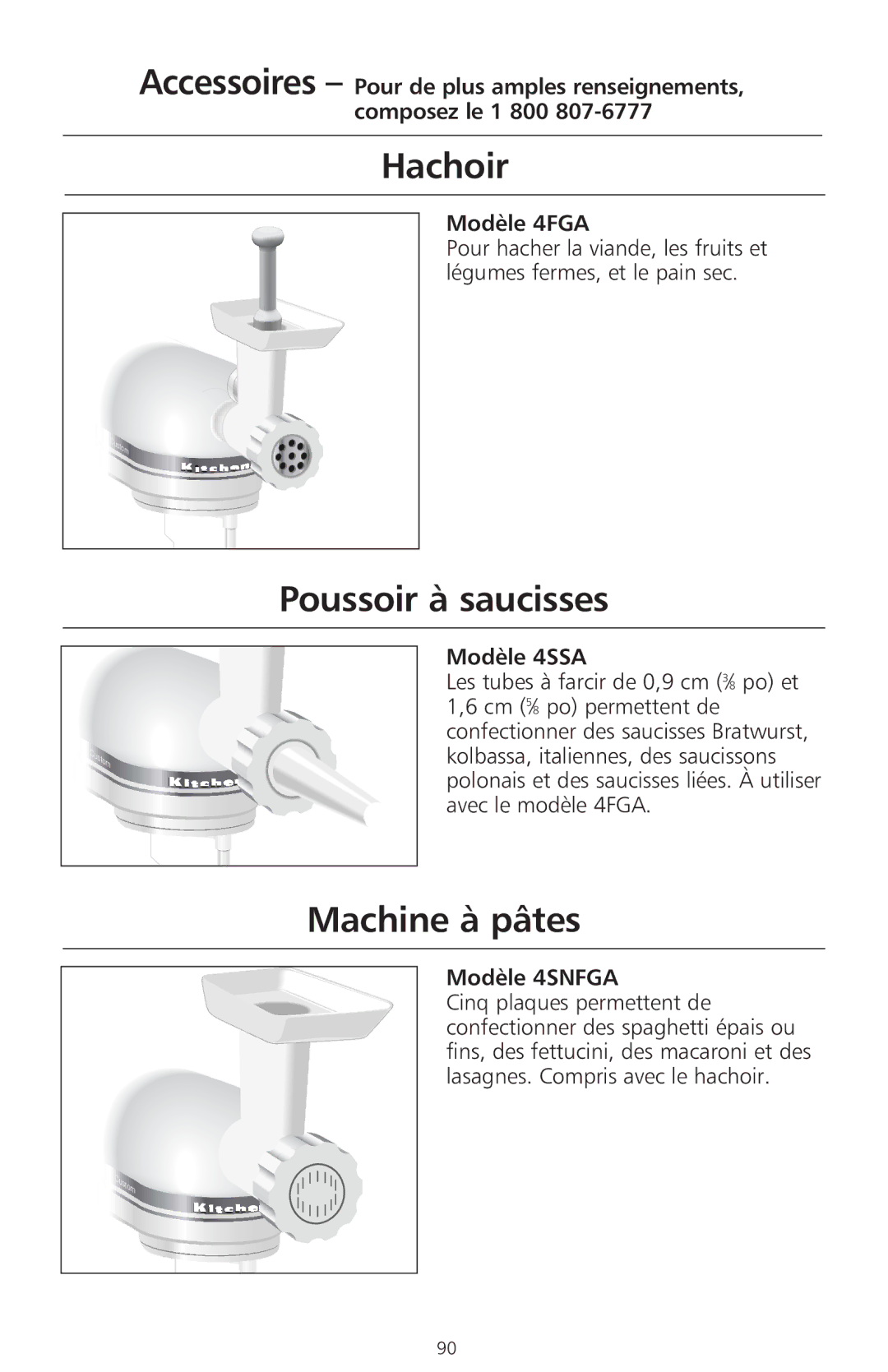 KitchenAid 400 manual Hachoir, Poussoir à saucisses, Machine à pâtes 