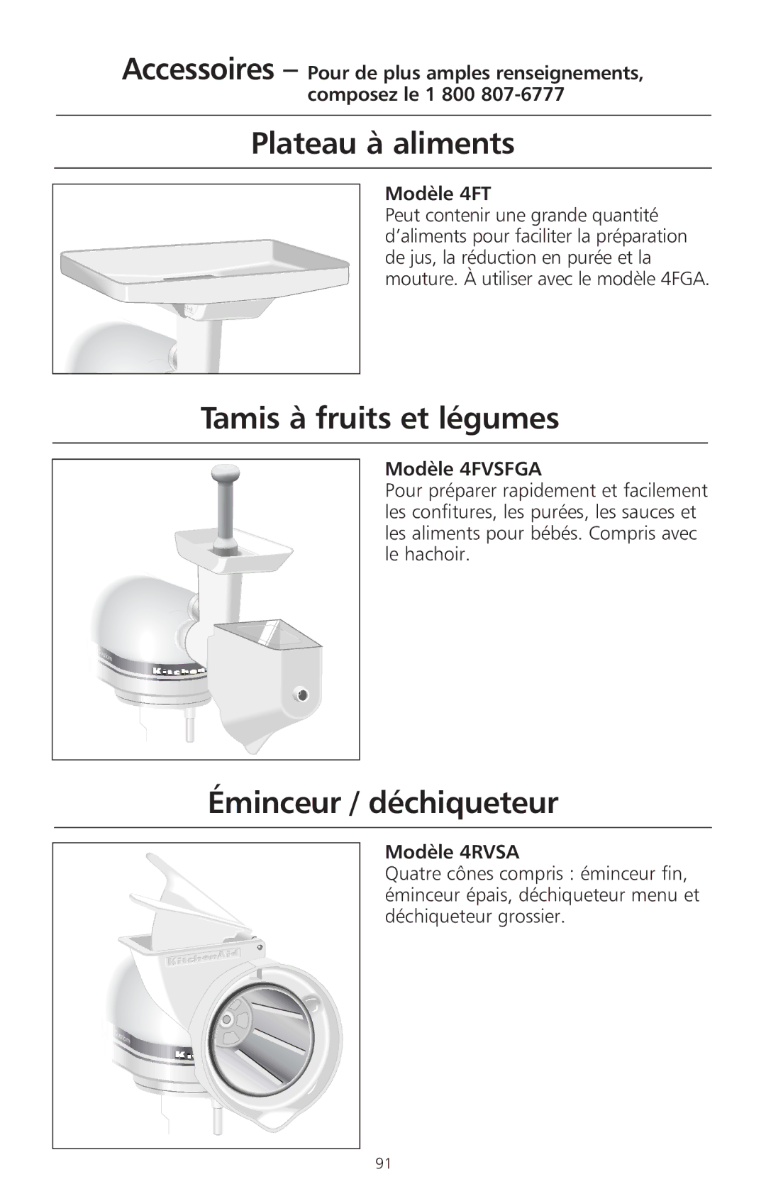 KitchenAid 400 manual Plateau à aliments, Tamis à fruits et légumes, Éminceur / déchiqueteur 