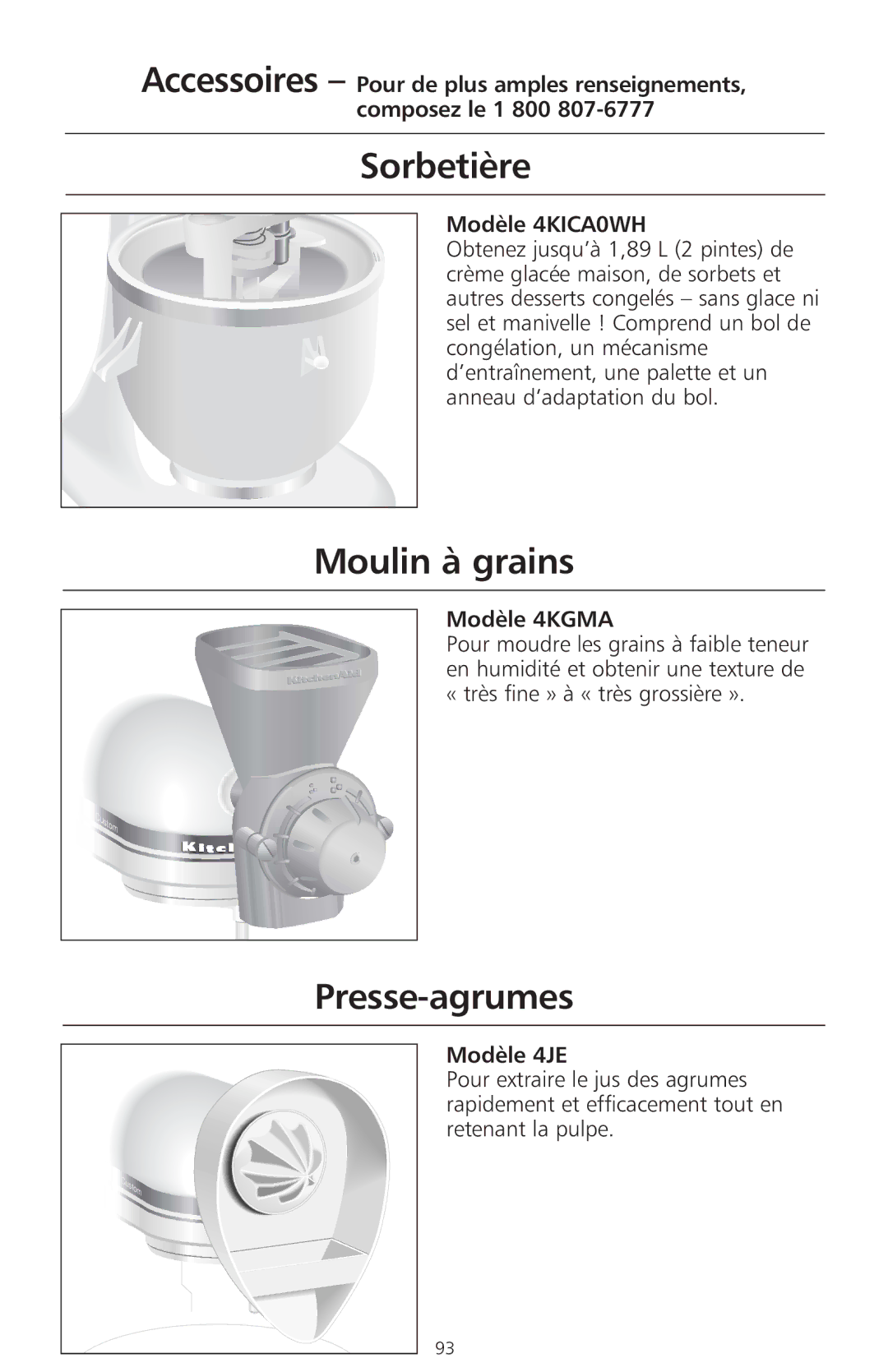 KitchenAid 400 manual Sorbetière, Moulin à grains, Presse-agrumes 