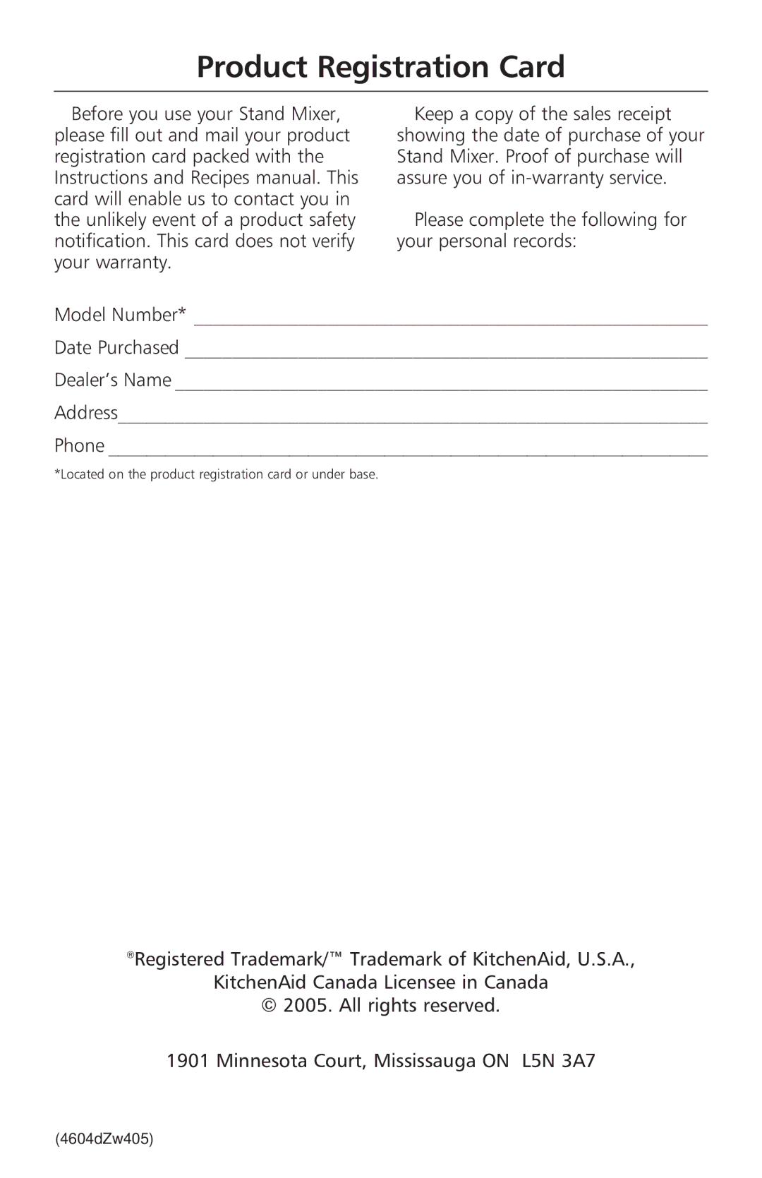 KitchenAid 400 manual Product Registration Card 