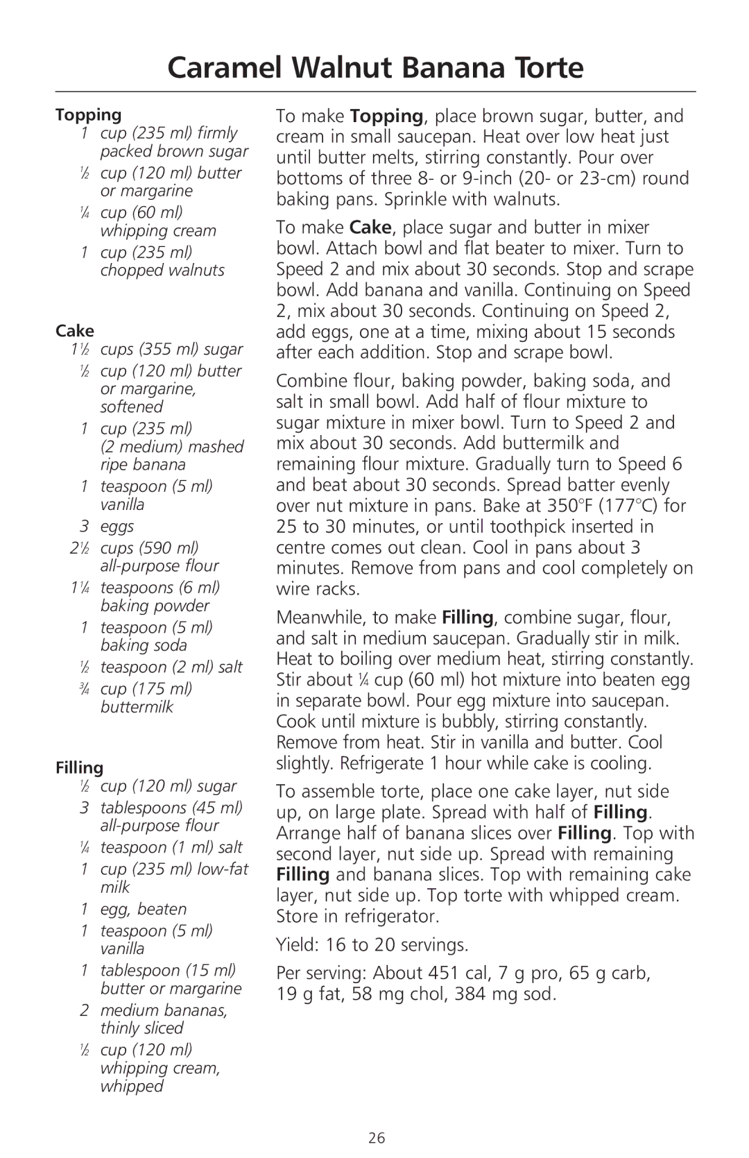 KitchenAid 400 manual Caramel Walnut Banana Torte, Topping, Cake 