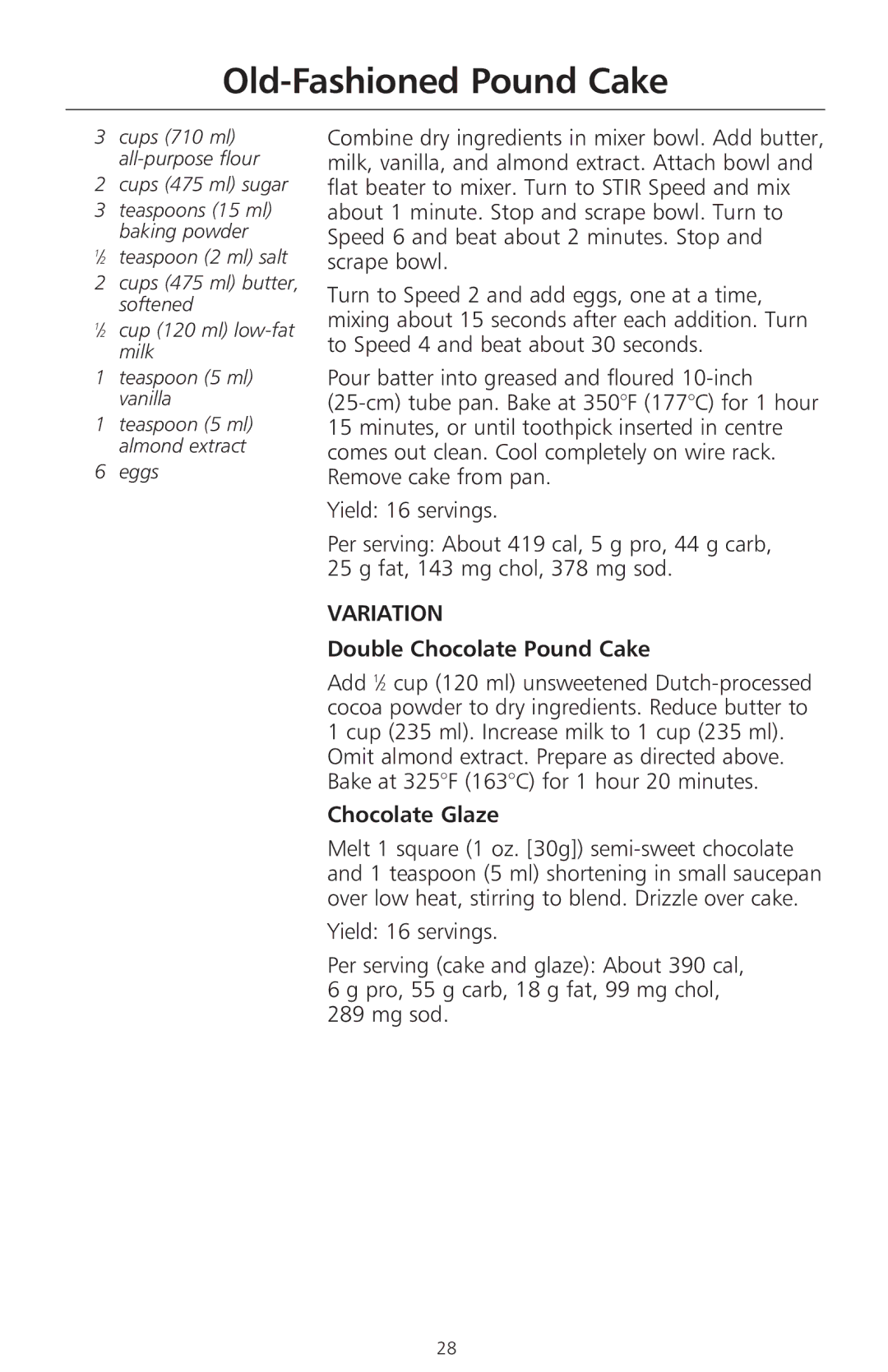 KitchenAid 400 manual Old-Fashioned Pound Cake, Double Chocolate Pound Cake, Chocolate Glaze, Cups 475 ml sugar 