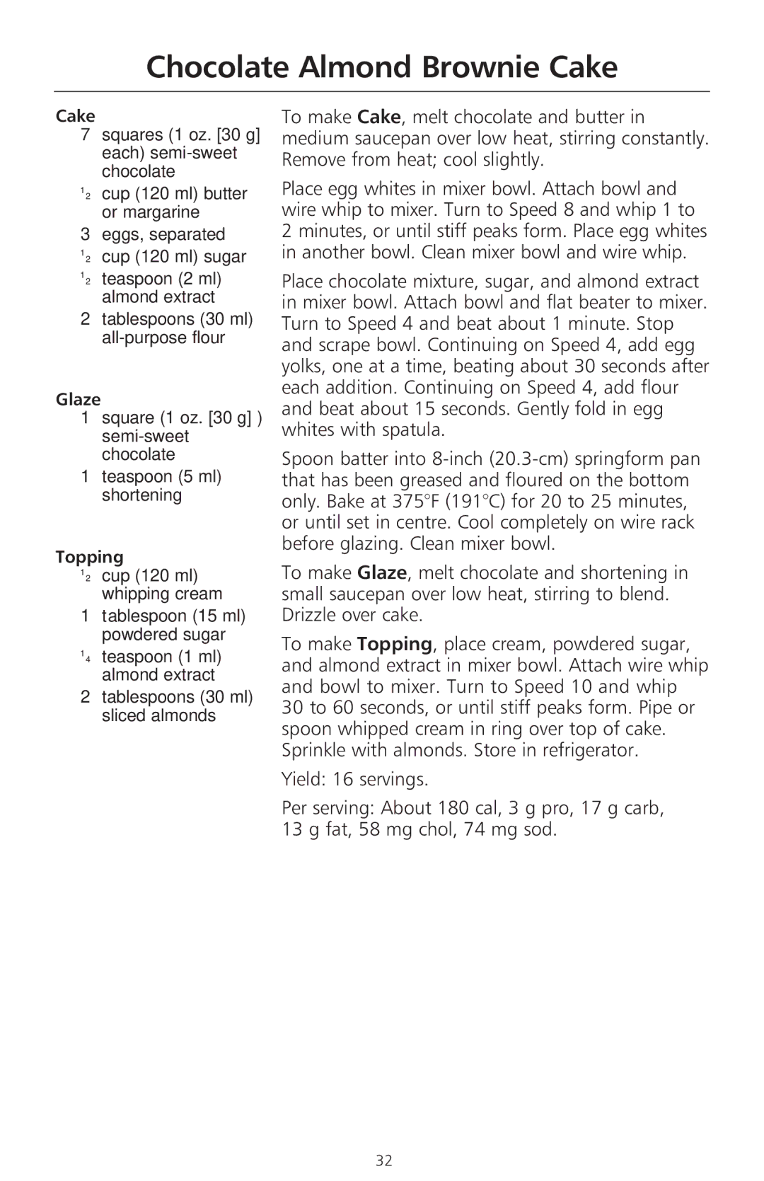 KitchenAid 400 manual Chocolate Almond Brownie Cake, Glaze, Square 1 oz g semi-sweet chocolate Teaspoon 5 ml shortening 