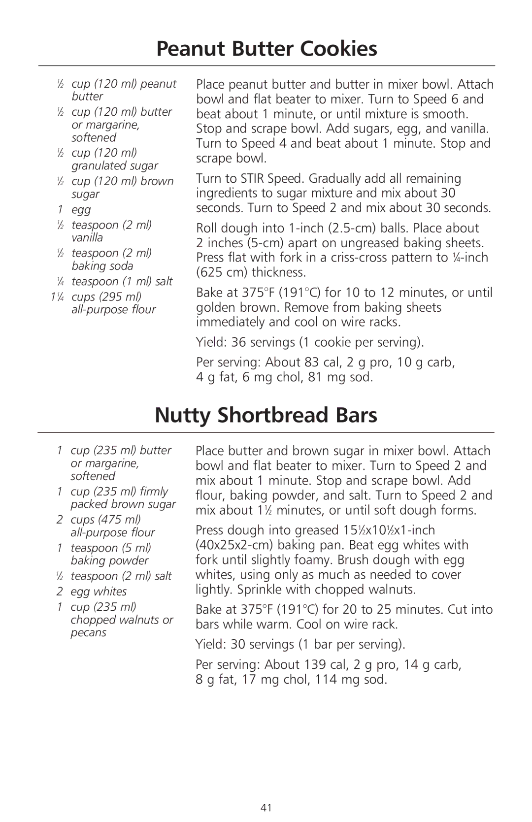 KitchenAid 400 manual Peanut Butter Cookies, Nutty Shortbread Bars 