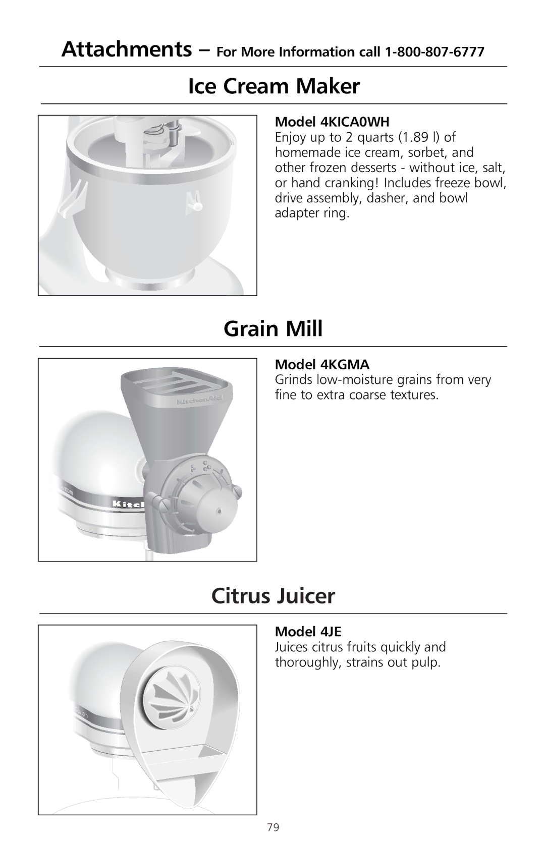 KitchenAid 400 manual Ice Cream Maker, Citrus Juicer 