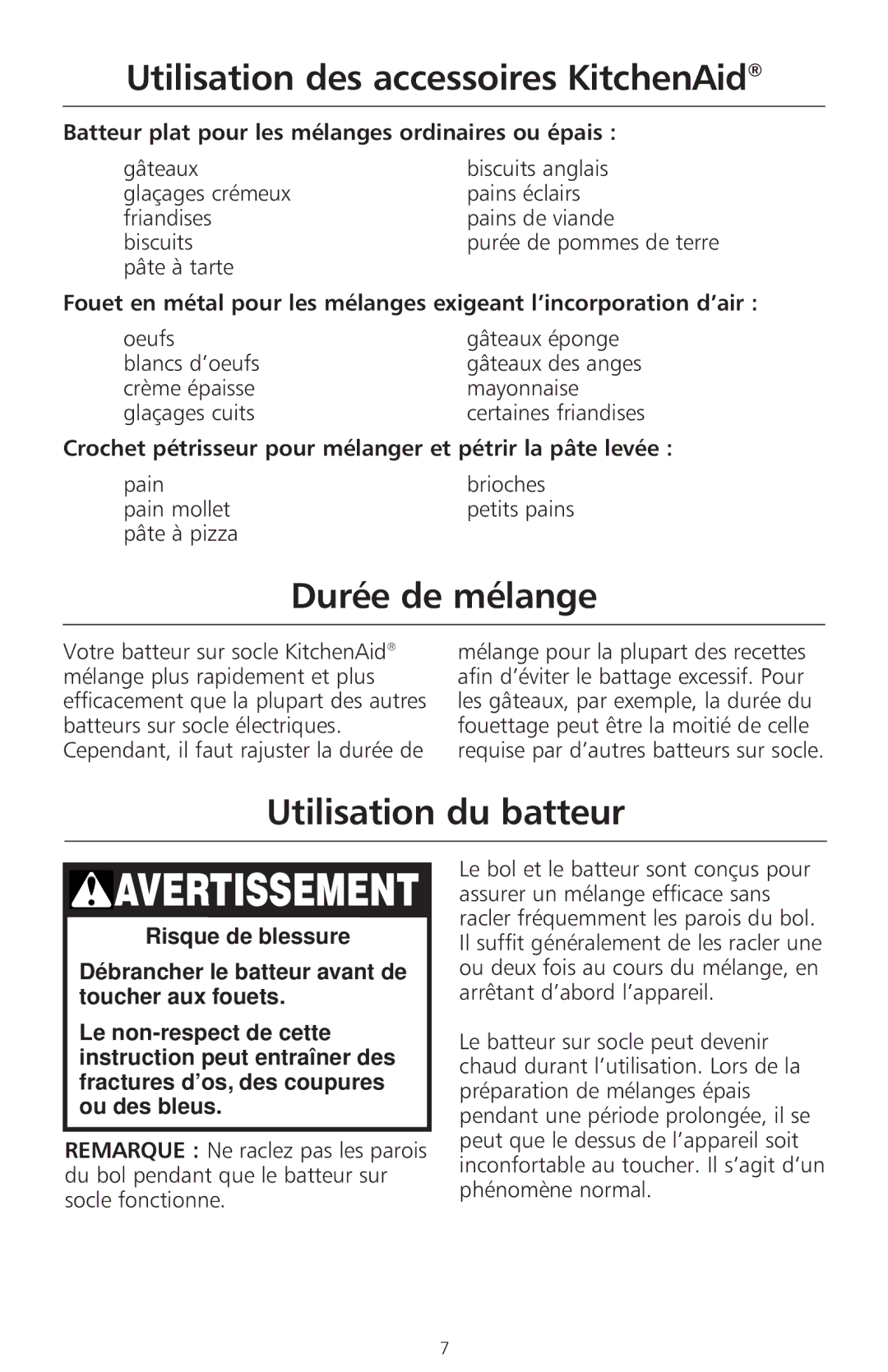 KitchenAid 400 manual Utilisation des accessoires KitchenAid, Durée de mélange, Utilisation du batteur 