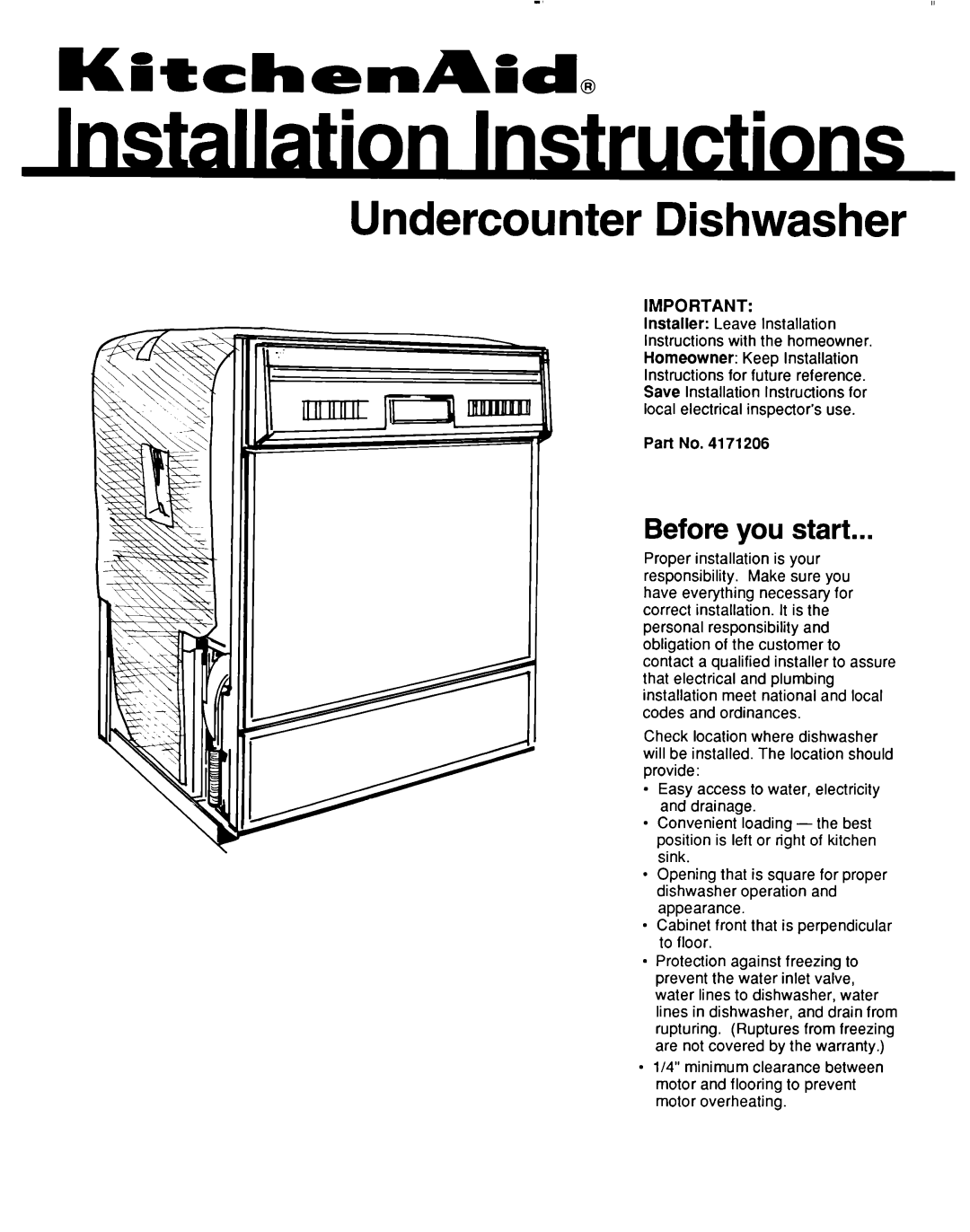 KitchenAid 4171206 installation instructions Undercounter Dishwasher, Before you start 