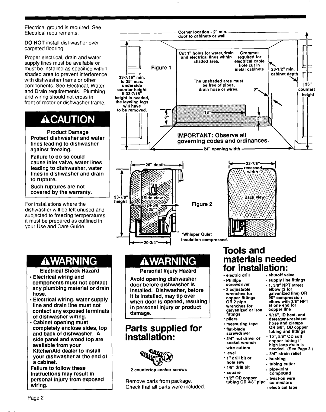 KitchenAid 4171206 Parts supplied for installation, Observe All Governing codes Ordinances, Flgure 