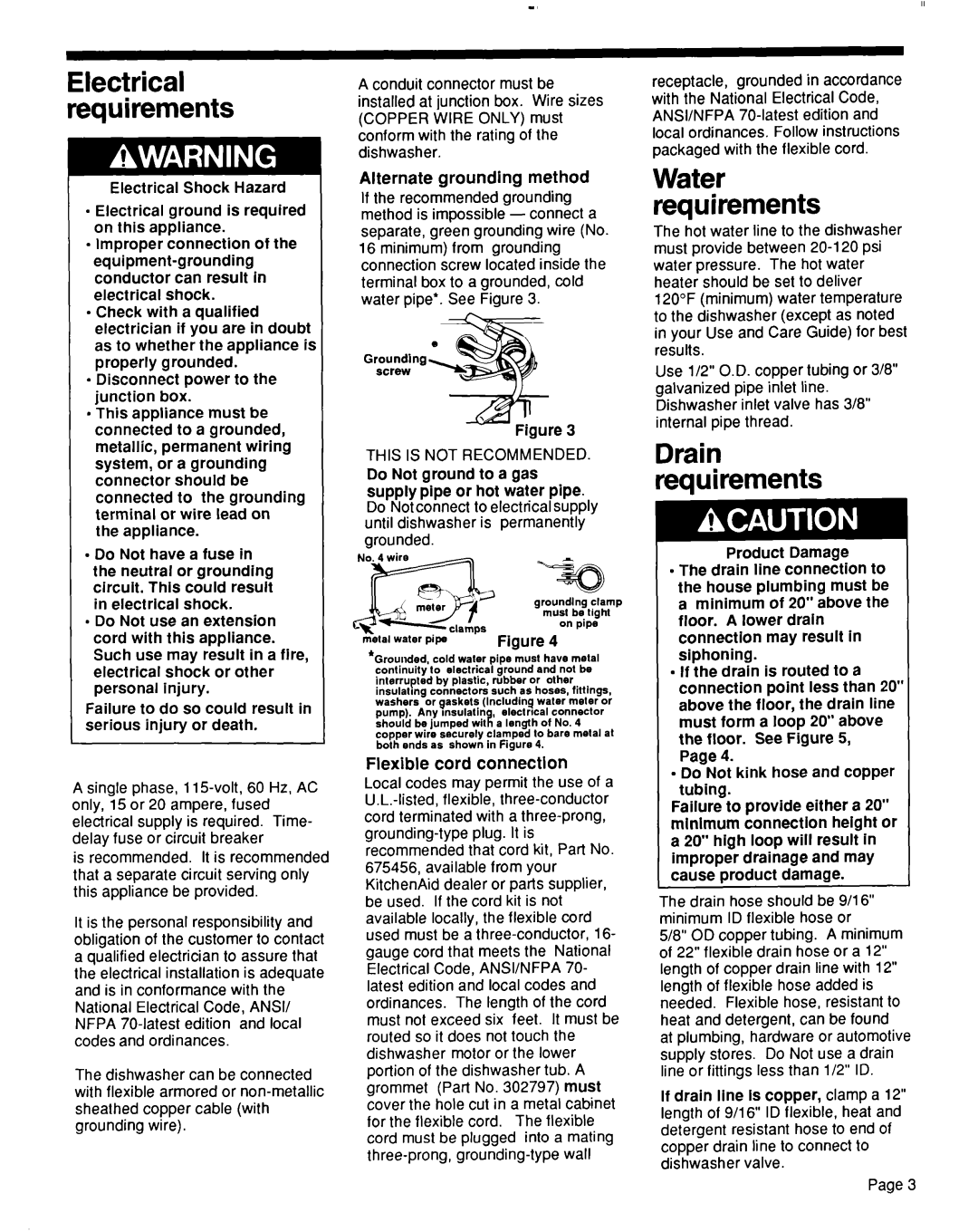 KitchenAid 4171206 installation instructions Water requirements, Drain requirements, Flexible cord connection 