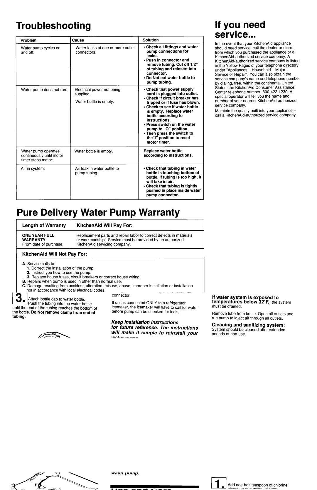 KitchenAid 4176199 installation instructions Troubleshooting, If you need Service, Pure Delivery Water Pump Warranty 