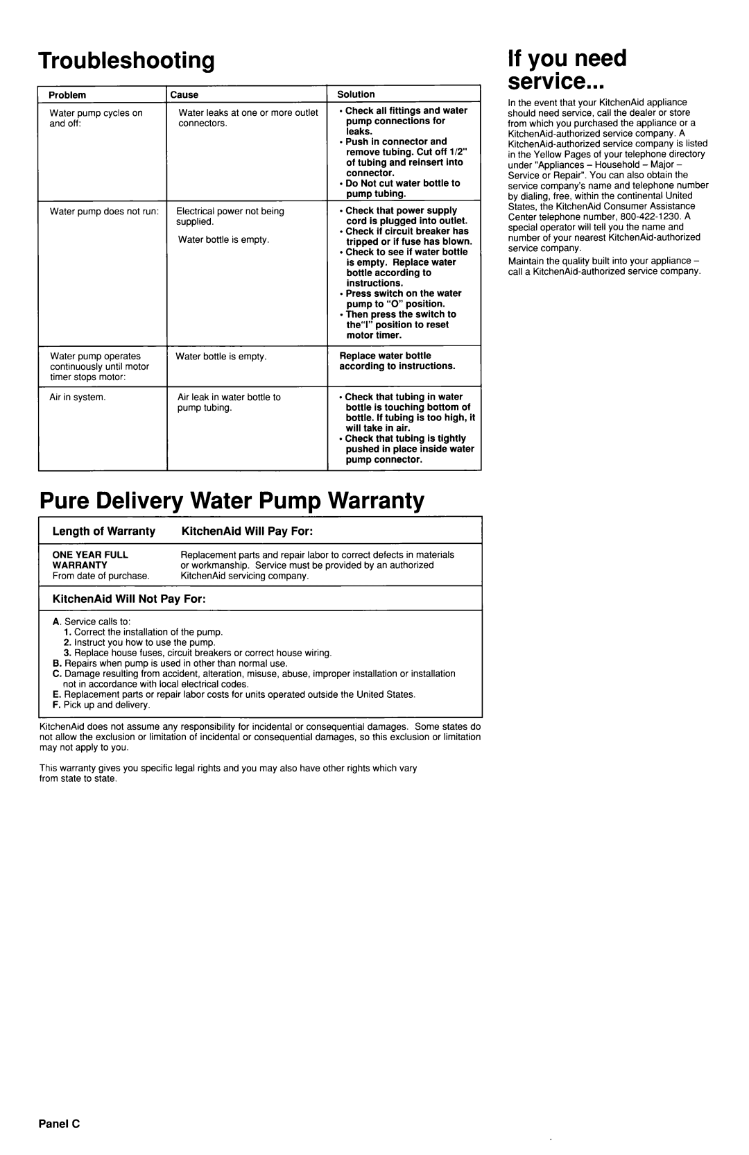 KitchenAid 4176199 Troubleshooting, If you need service, Pure Delivery Water Pump Warranty, Length of Warranty, KitchenAid 
