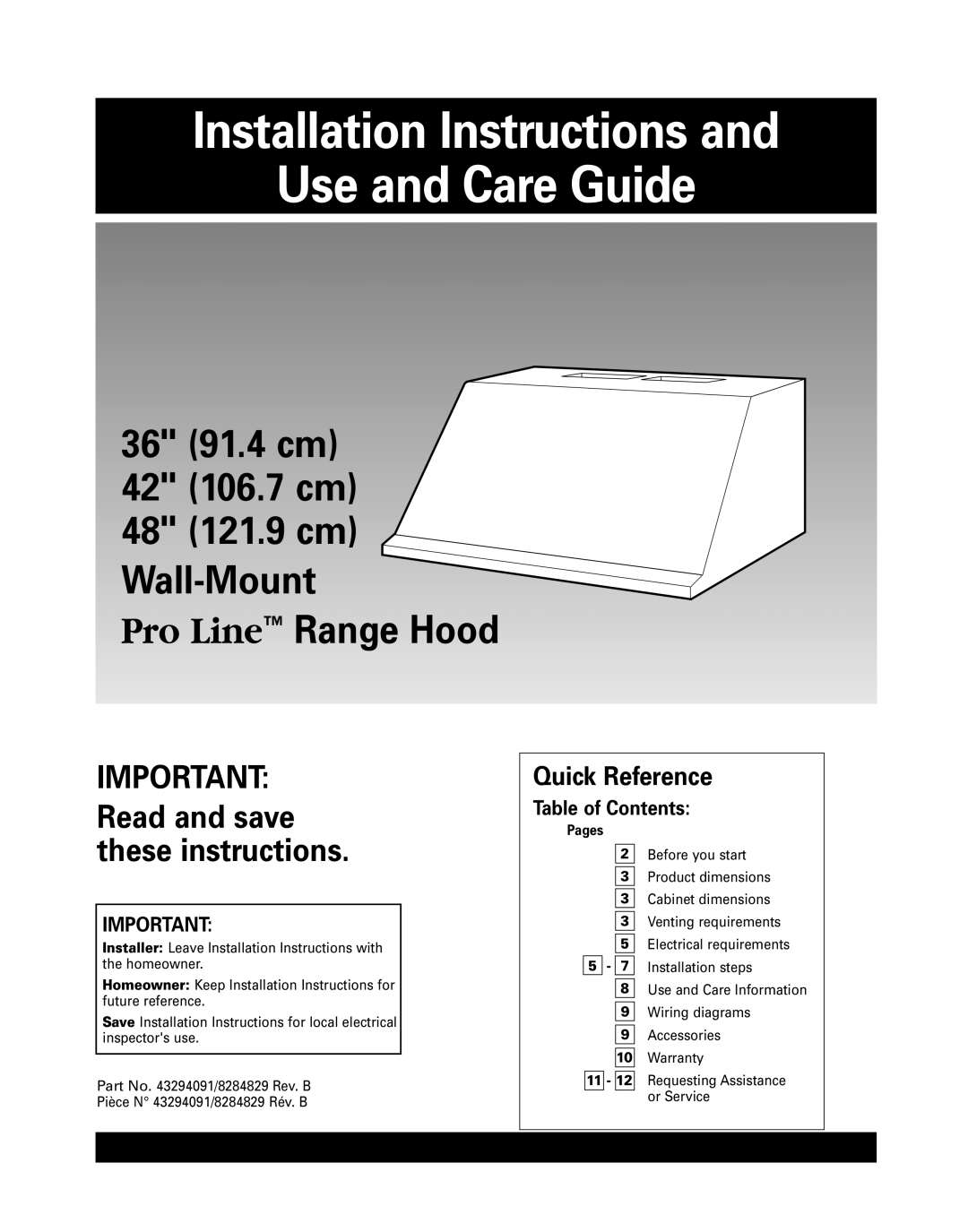 KitchenAid 42 installation instructions Quick Reference, Table of Contents 