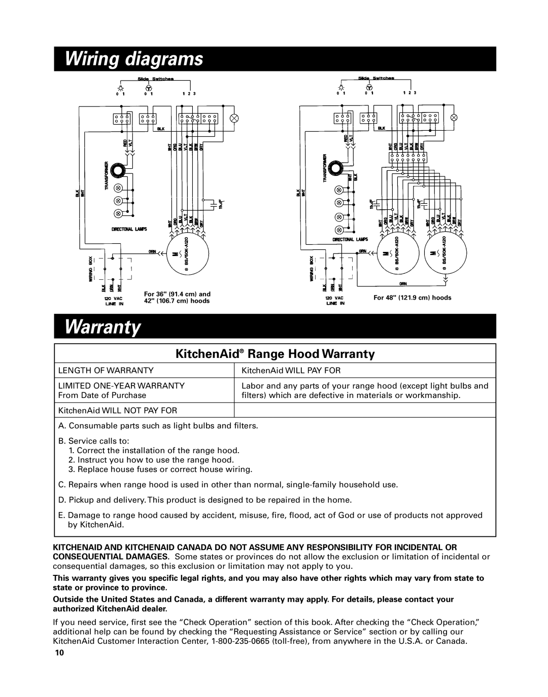 KitchenAid 42 installation instructions Wiring diagrams, Length of Warranty, Limited ONE-YEAR Warranty 