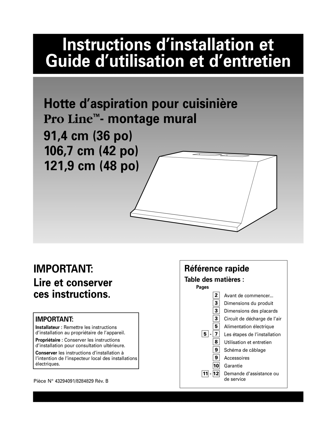 KitchenAid 42 installation instructions Référence rapide, Table des matières 