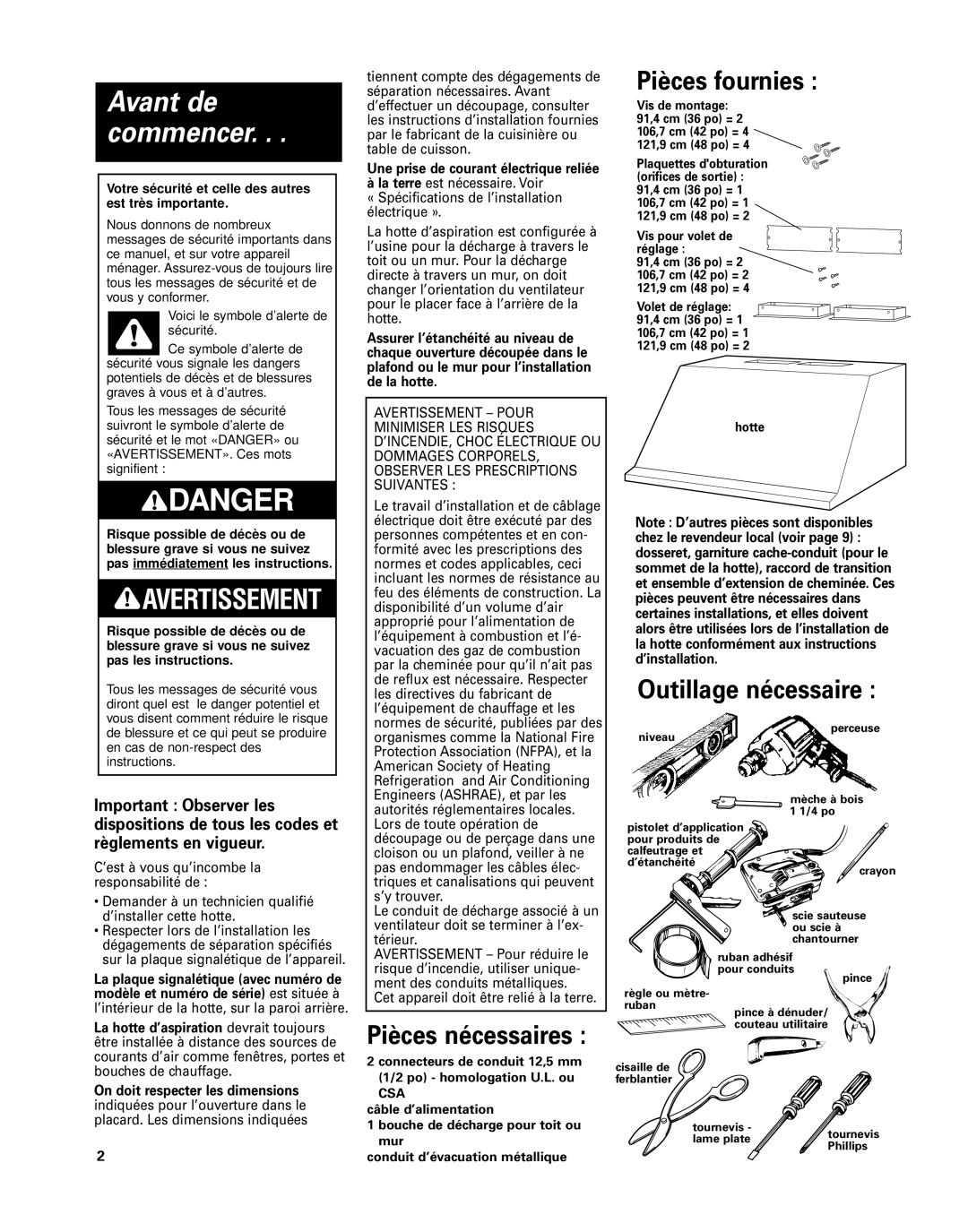 KitchenAid 42 installation instructions Pièces fournies, Outillage nécessaire, Une prise de courant électrique reliée 