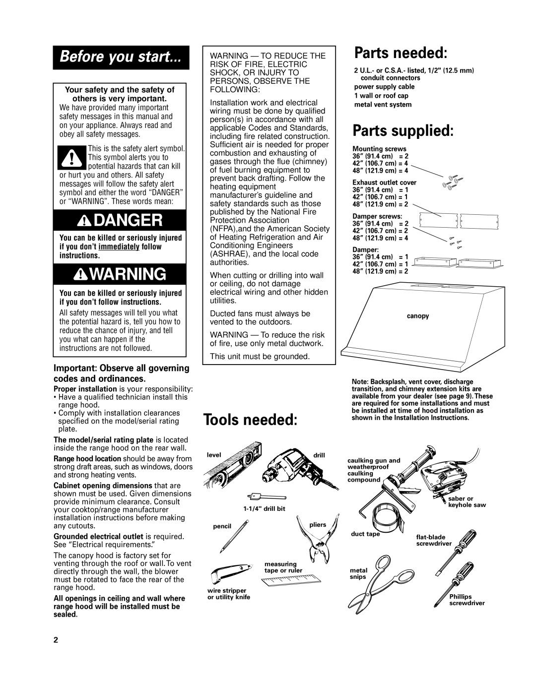 KitchenAid 42 Tools needed Parts needed, Parts supplied, Your safety and the safety Others is very important 