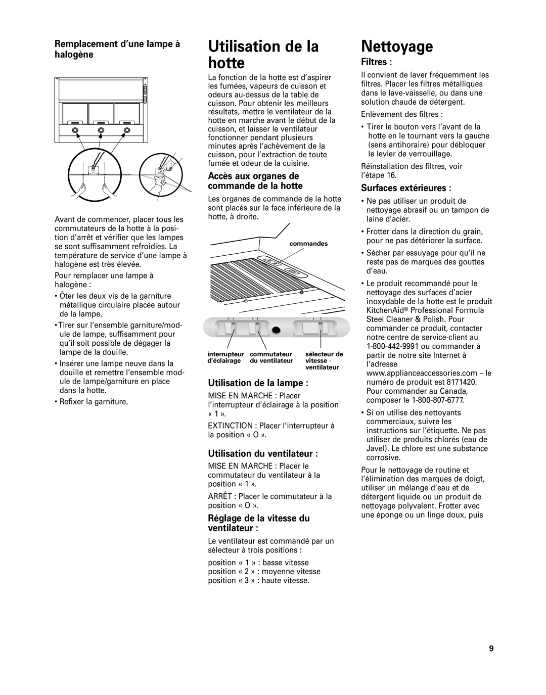 KitchenAid 42 installation instructions Utilisation de la hotte, Nettoyage 