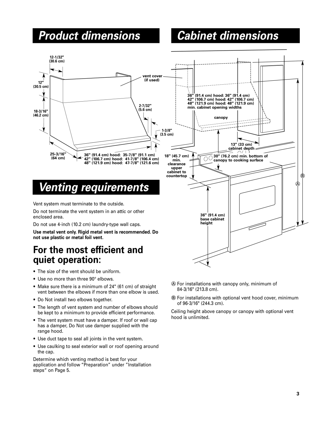 KitchenAid 42 Product dimensions, Venting requirements, For the most efficient and quiet operation 