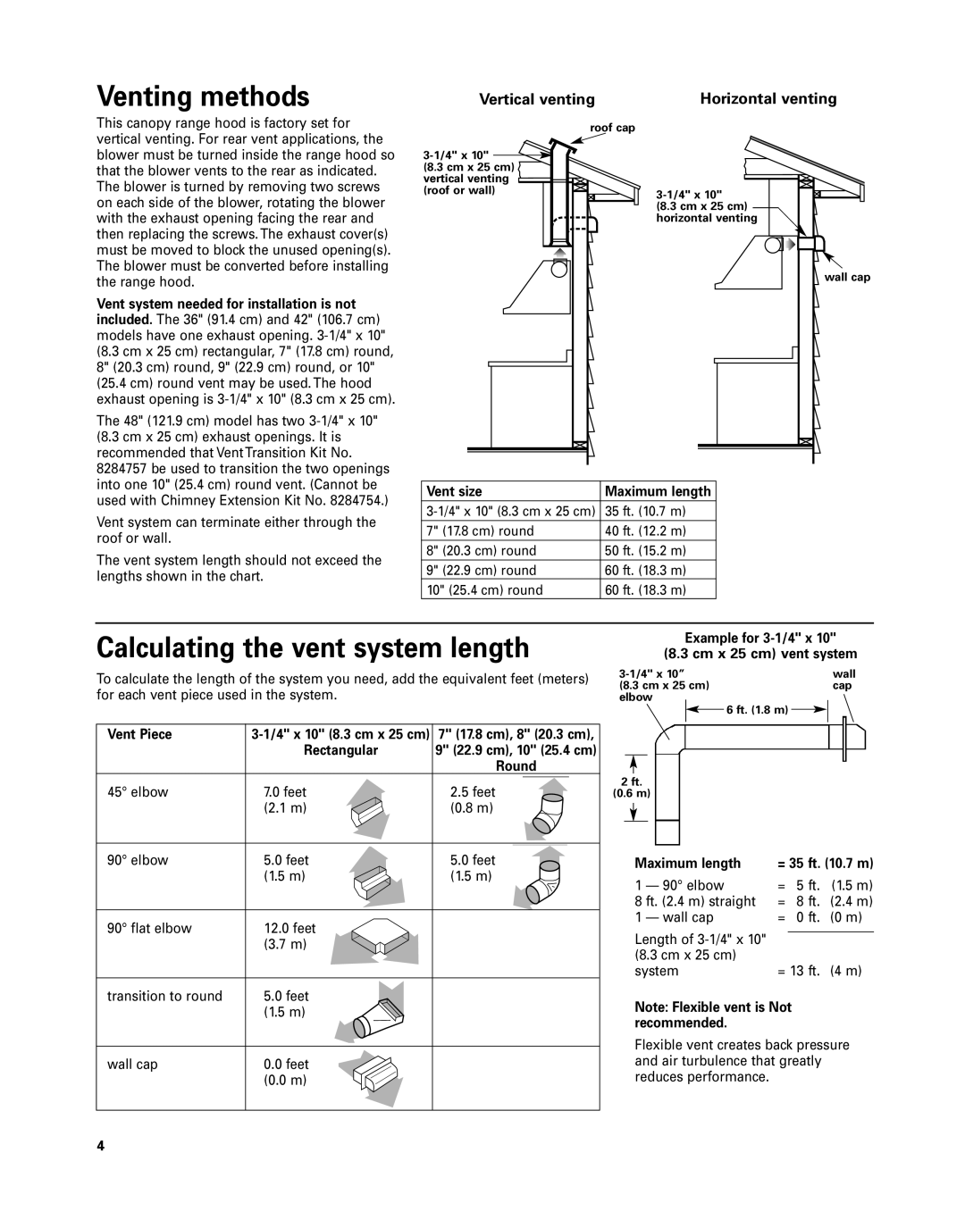 KitchenAid 42 installation instructions Venting methods, Calculating the vent system length 