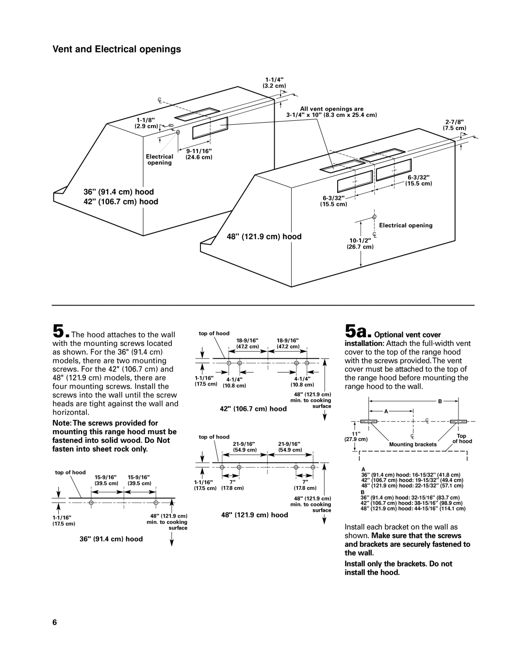 KitchenAid installation instructions 36 91.4 cm hood 42 106.7 cm hood, 48 121.9 cm hood, 5a.Optional vent cover 