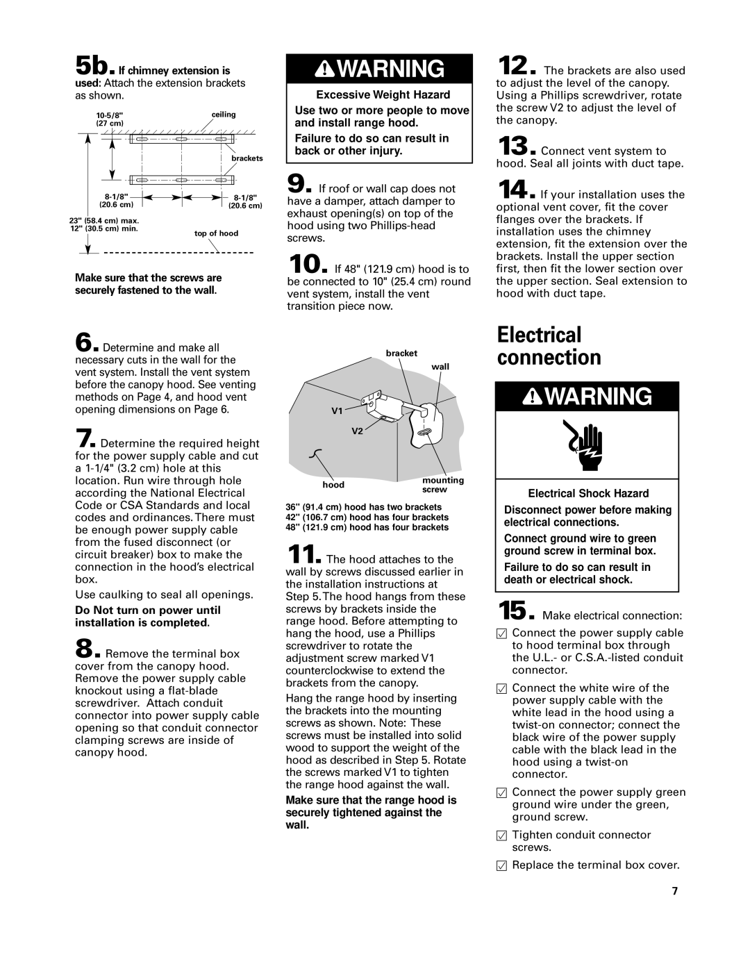 KitchenAid 42 Electrical connection, 5b.If chimney extension is, Do Not turn on power until installation is completed 