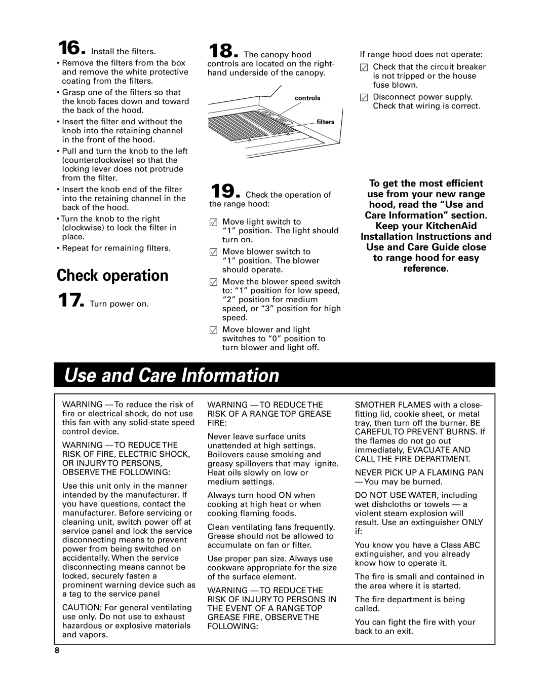 KitchenAid 42 installation instructions Use and Care Information, Check operation, Never Pick UP a Flaming PAN 