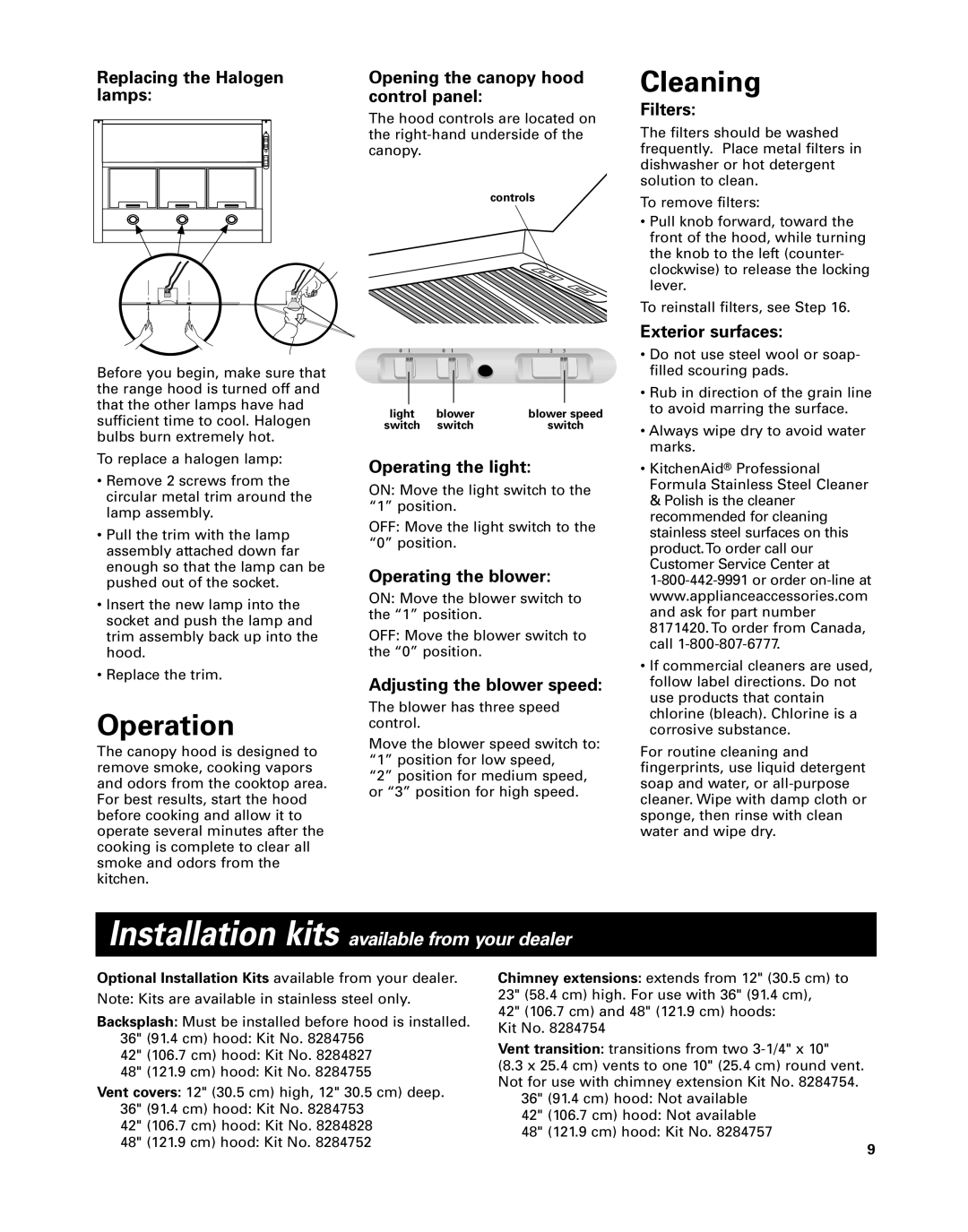 KitchenAid 42 installation instructions Operation, Cleaning, Optional Installation Kits available from your dealer 