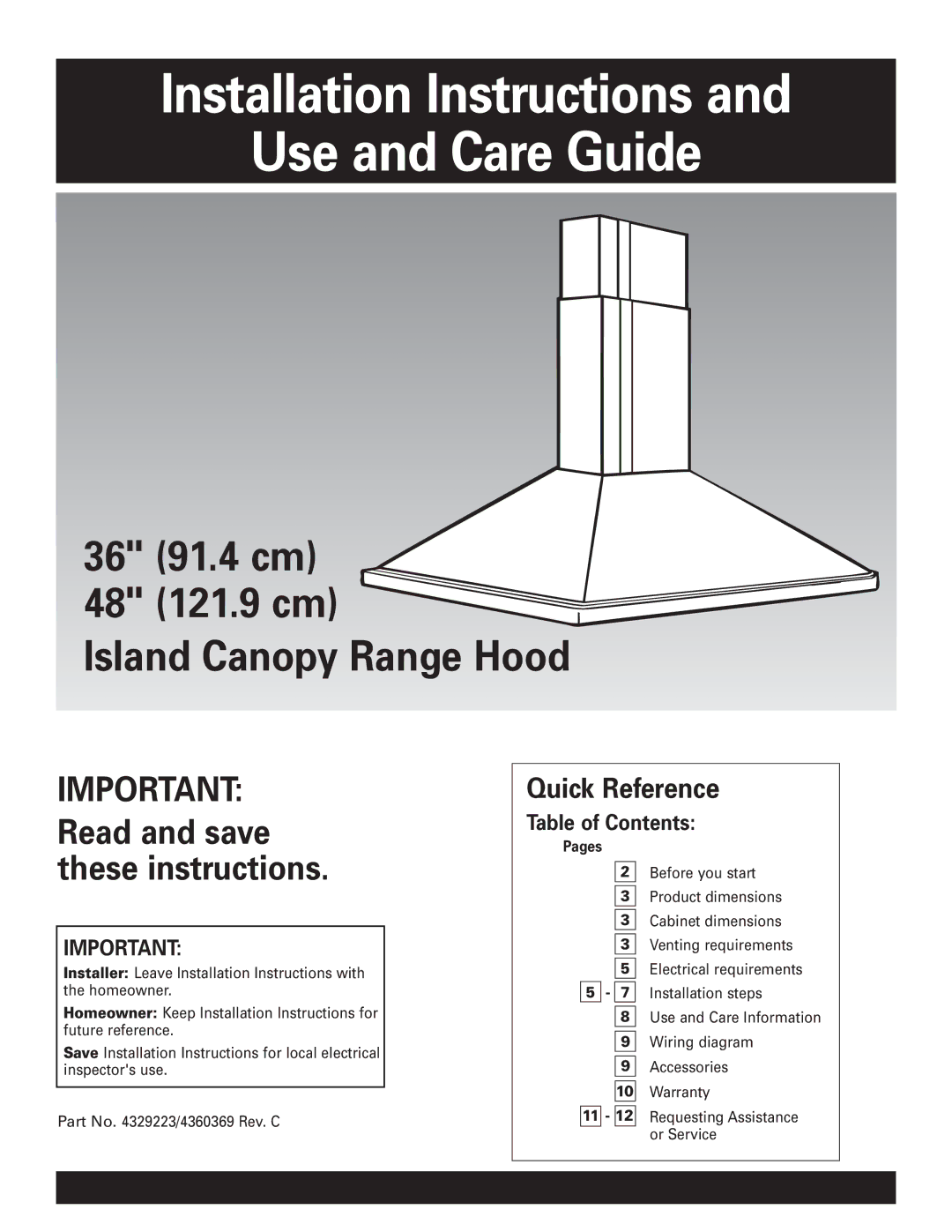 KitchenAid 4360369, 4329223 installation instructions Installation Instructions Use and Care Guide, Quick Reference 