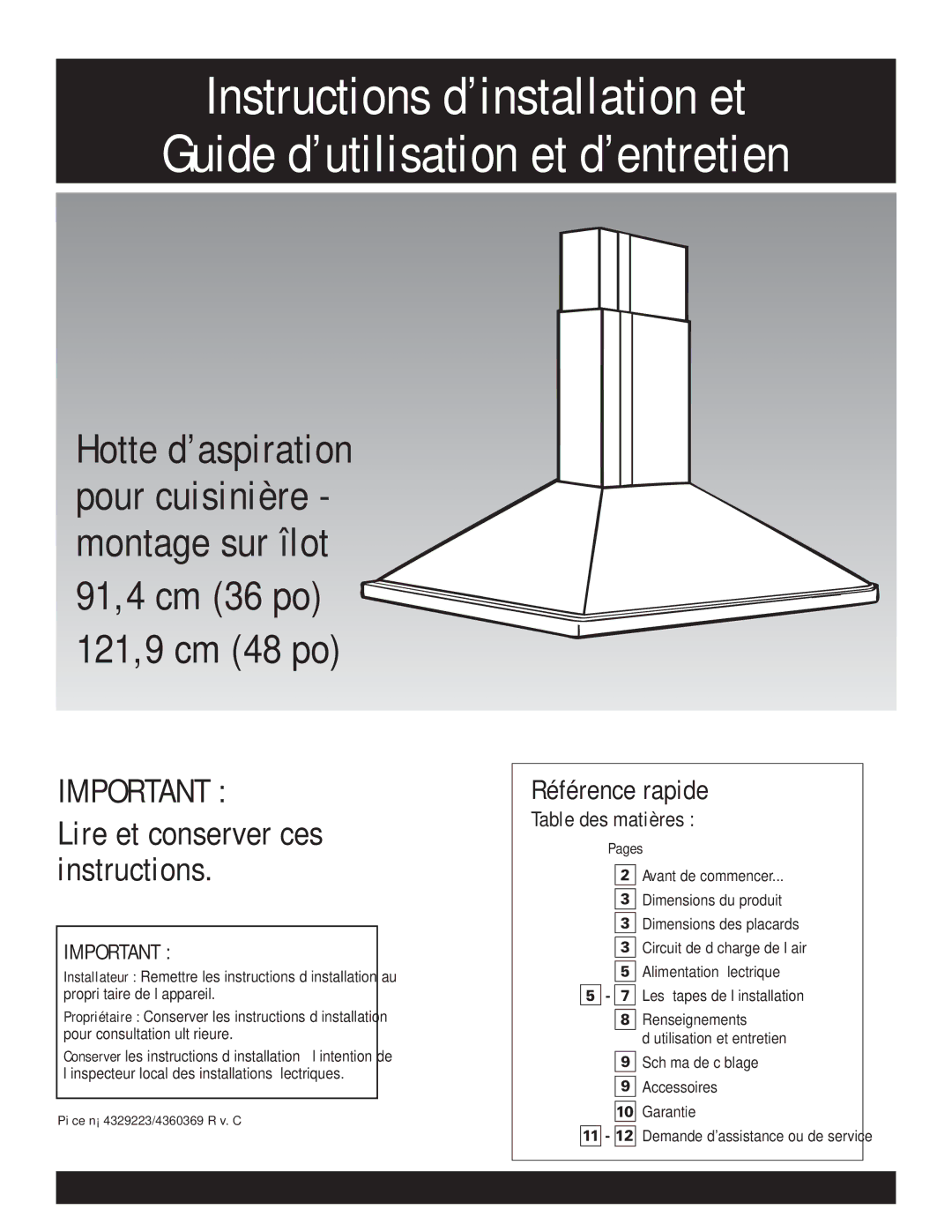 KitchenAid 4360369, 4329223 installation instructions Référence rapide, Pages 