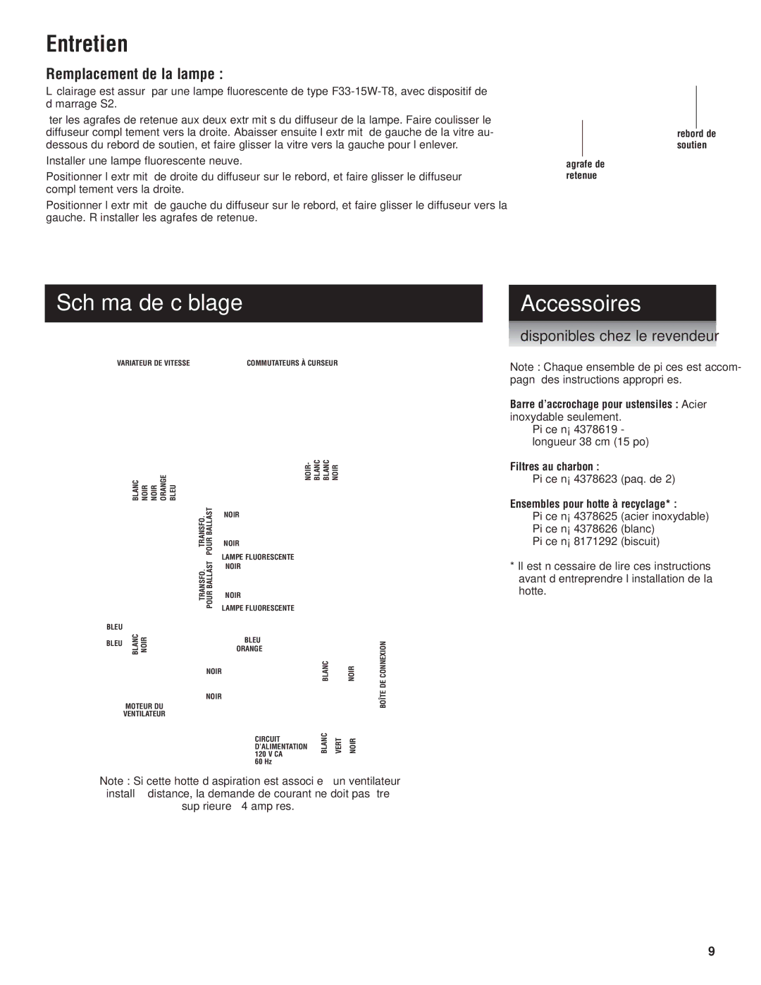 KitchenAid 4360369 Entretien, Schéma de câblage, Accessoires, Filtres au charbon, Ensembles pour hotte à recyclage 