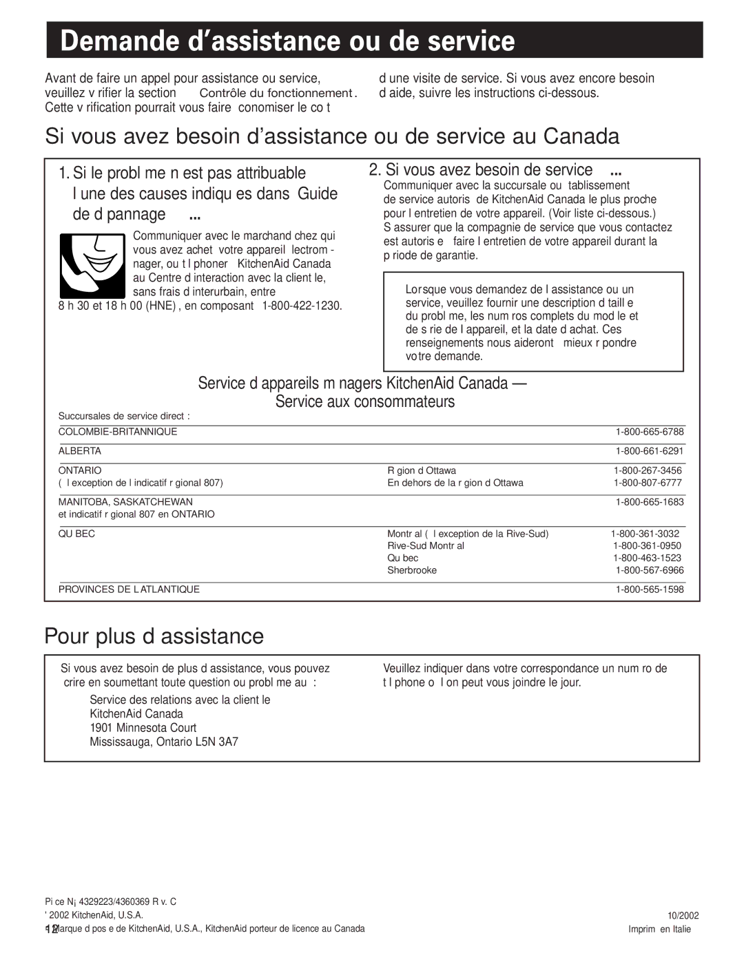 KitchenAid 4329223, 4360369 Demande d’assistance ou de service, Si vous avez besoin dassistance ou de service au Canada 