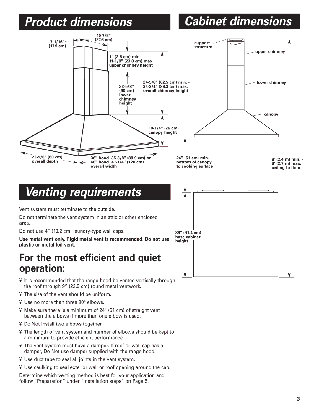 KitchenAid 4360369, 4329223 Product dimensions, Venting requirements, For the most efficient and quiet operation 