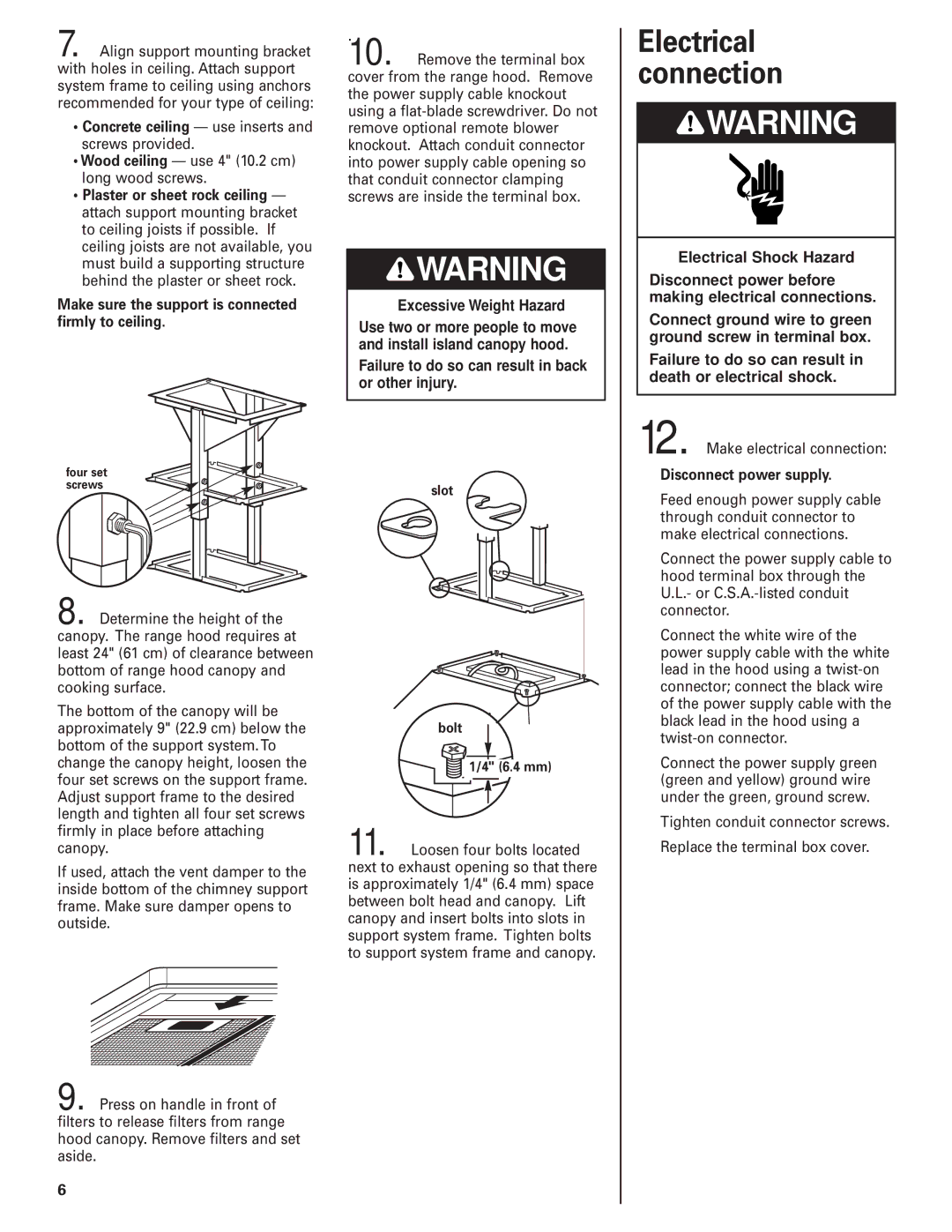 KitchenAid 4329223 Electrical connection, Concrete ceiling use inserts and screws provided, Excessive Weight Hazard 