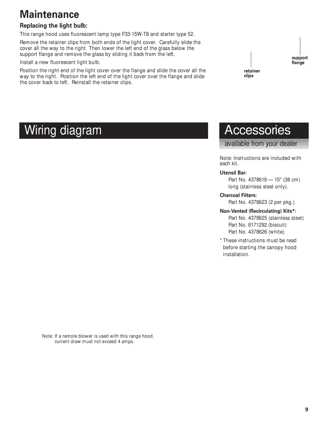 KitchenAid 4360369 Wiring diagram Accessories, Maintenance, Utensil Bar, Charcoal Filters, Non-Vented Recirculating Kits 